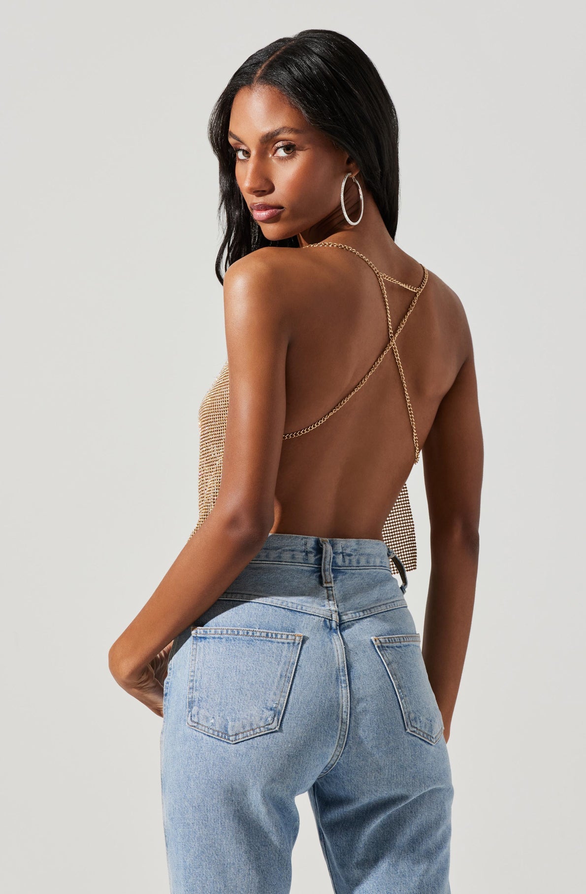 Mika Rhinestone Mesh Cowl Neck Top-Aljck