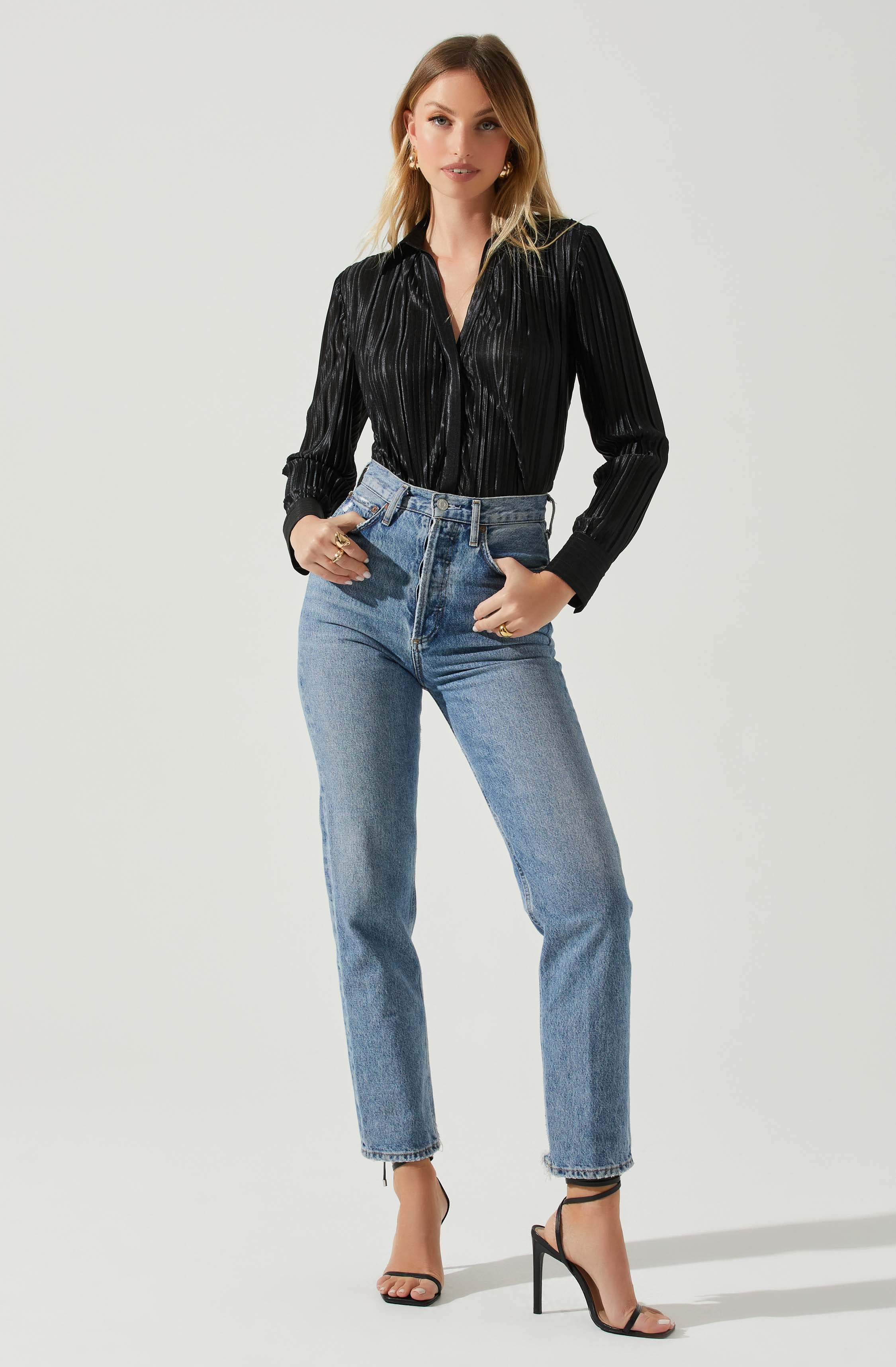 Laurel Satin Pleated Long Sleeve Top-Aljck