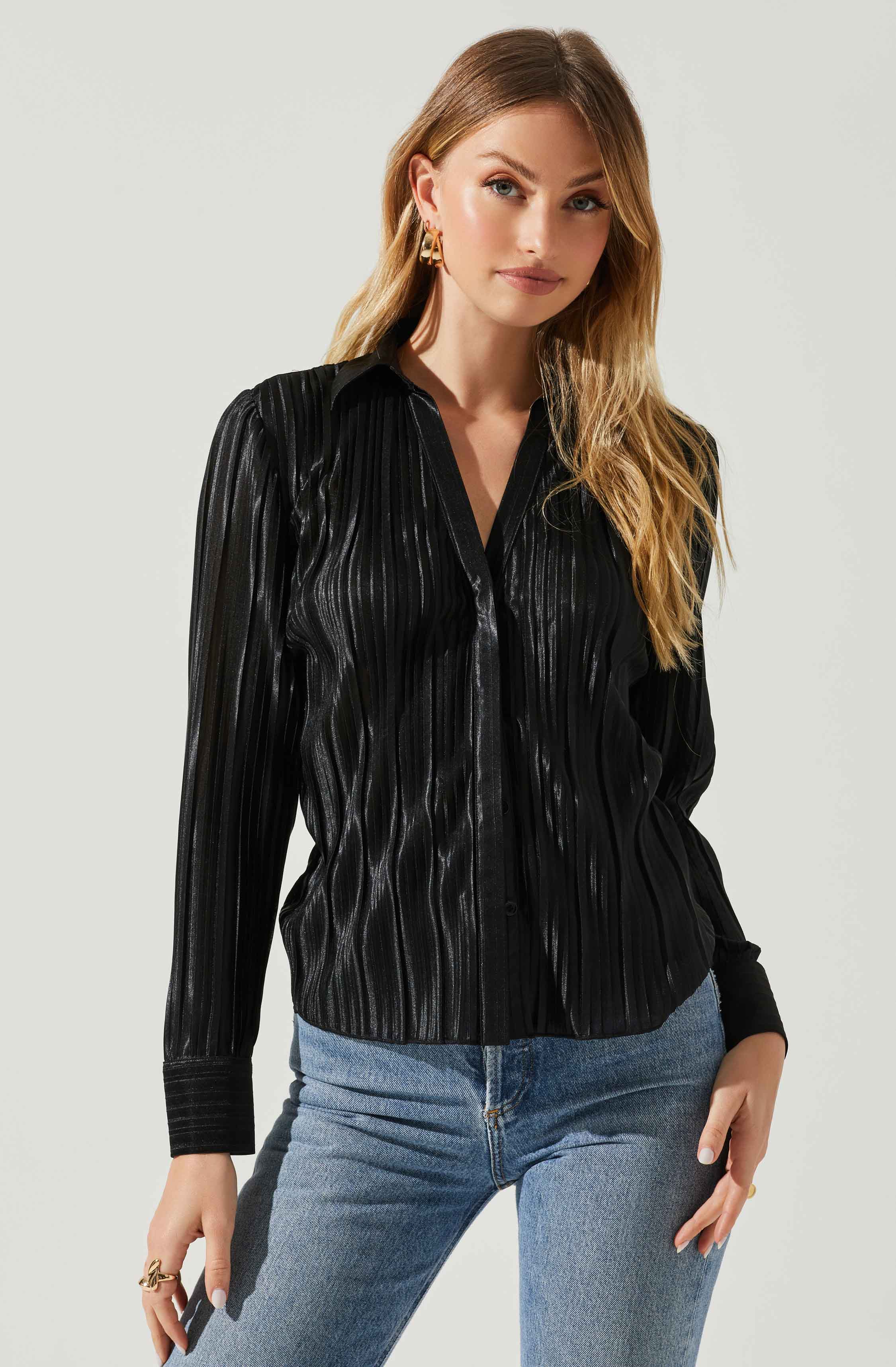 Laurel Satin Pleated Long Sleeve Top-Aljck