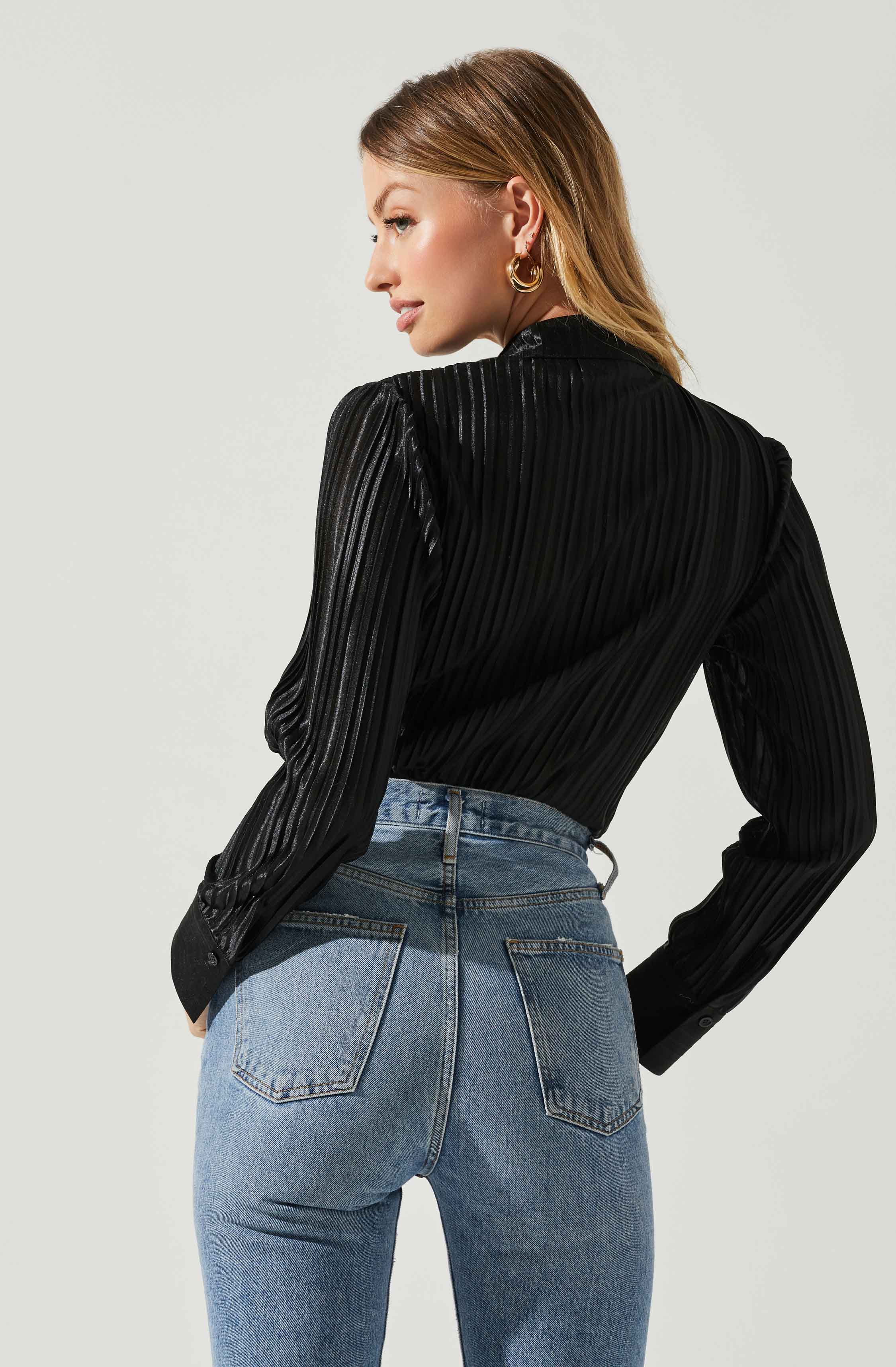 Laurel Satin Pleated Long Sleeve Top-Aljck