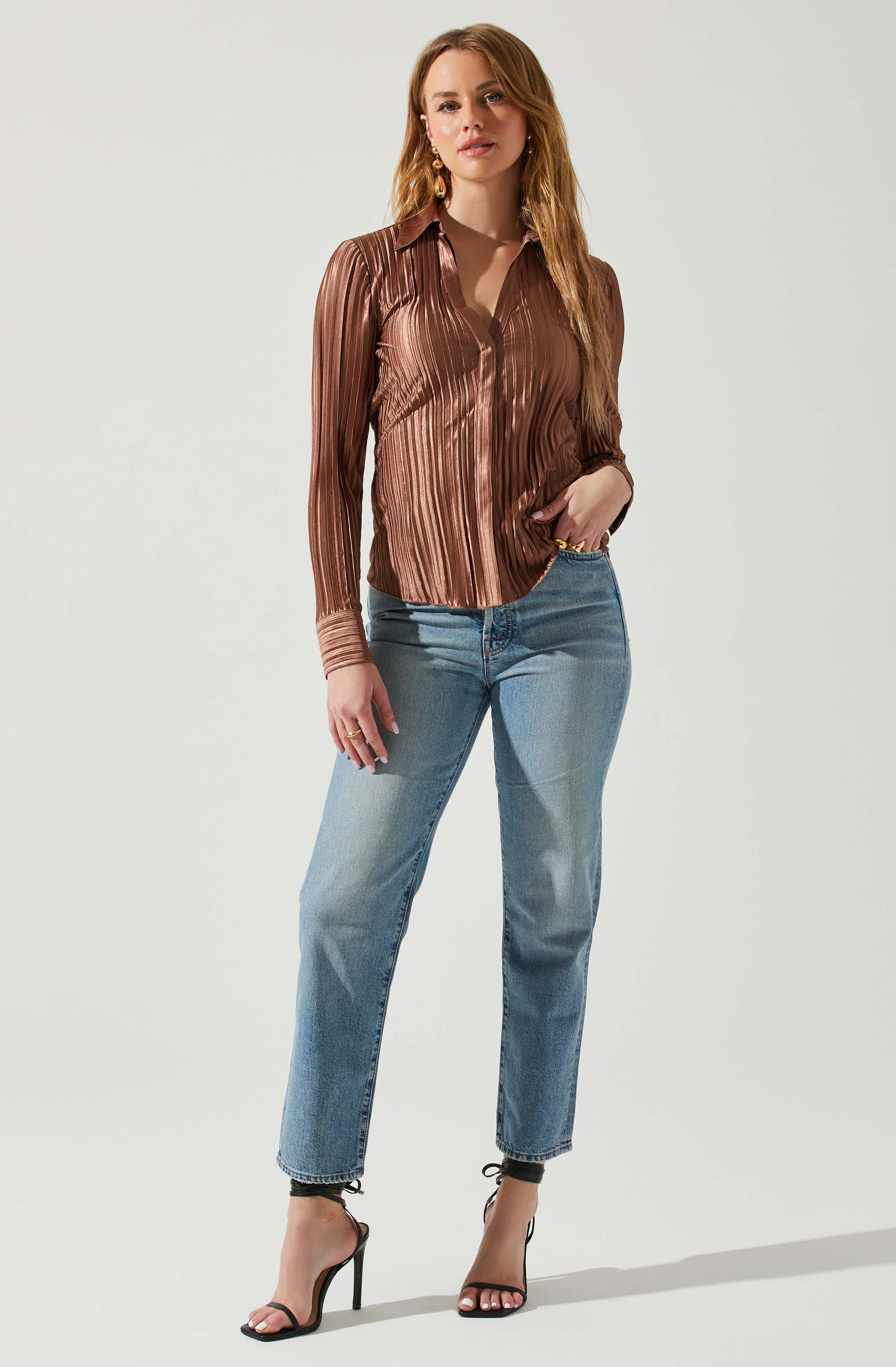 Laurel Satin Pleated Long Sleeve Top-Aljck