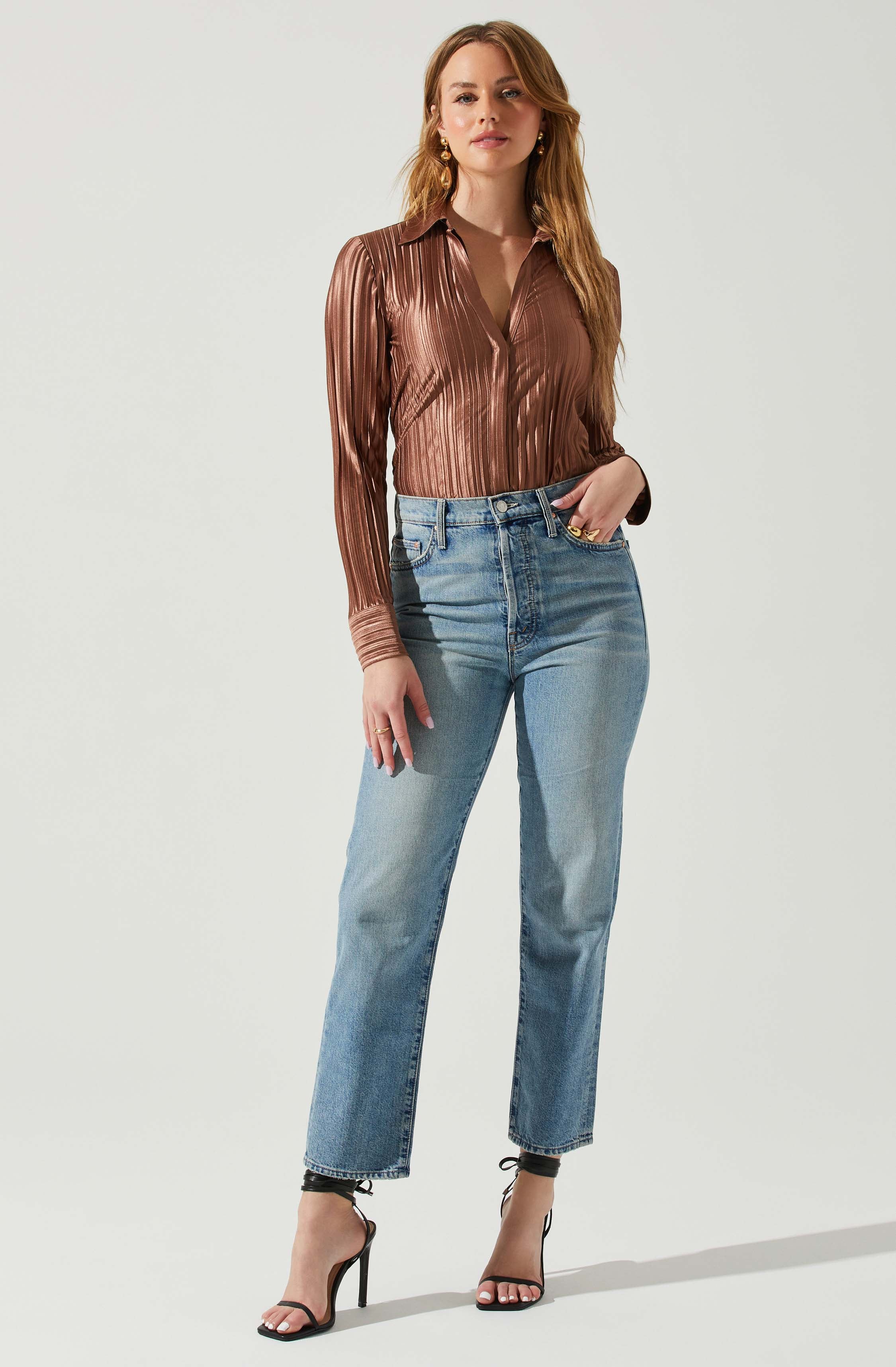 Laurel Satin Pleated Long Sleeve Top-Aljck