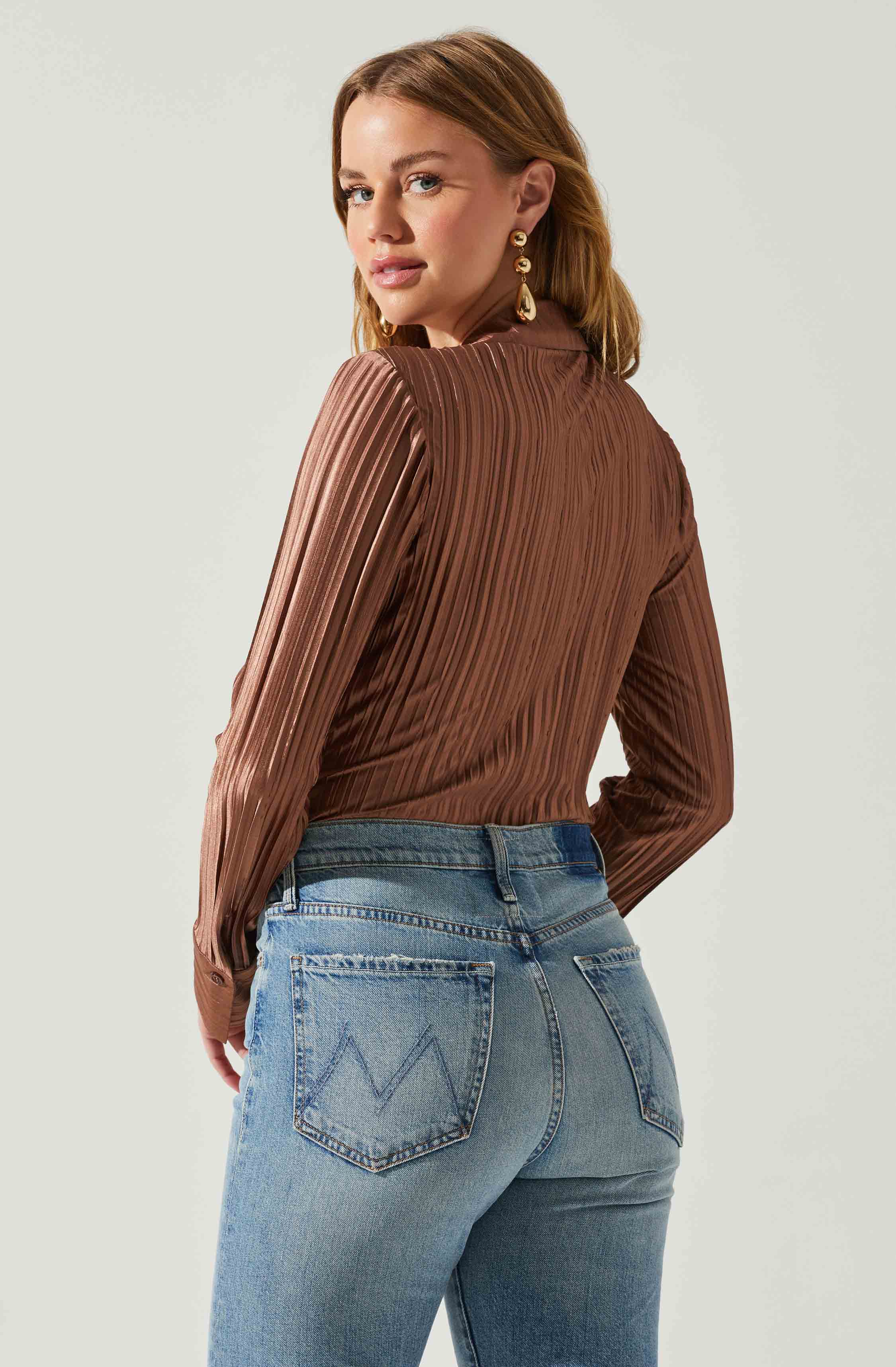 Laurel Satin Pleated Long Sleeve Top-Aljck