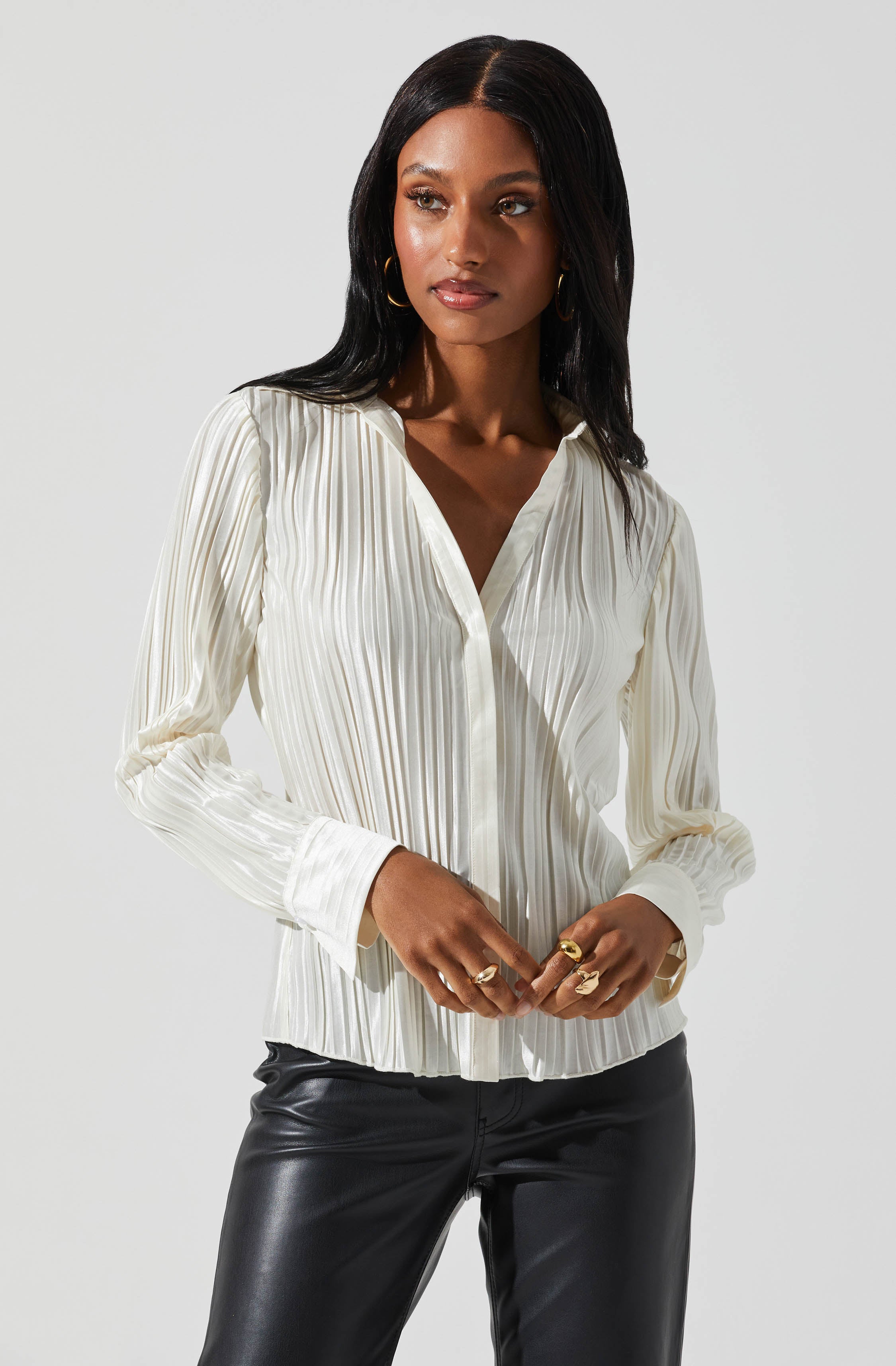 Laurel Satin Pleated Long Sleeve Top-Aljck