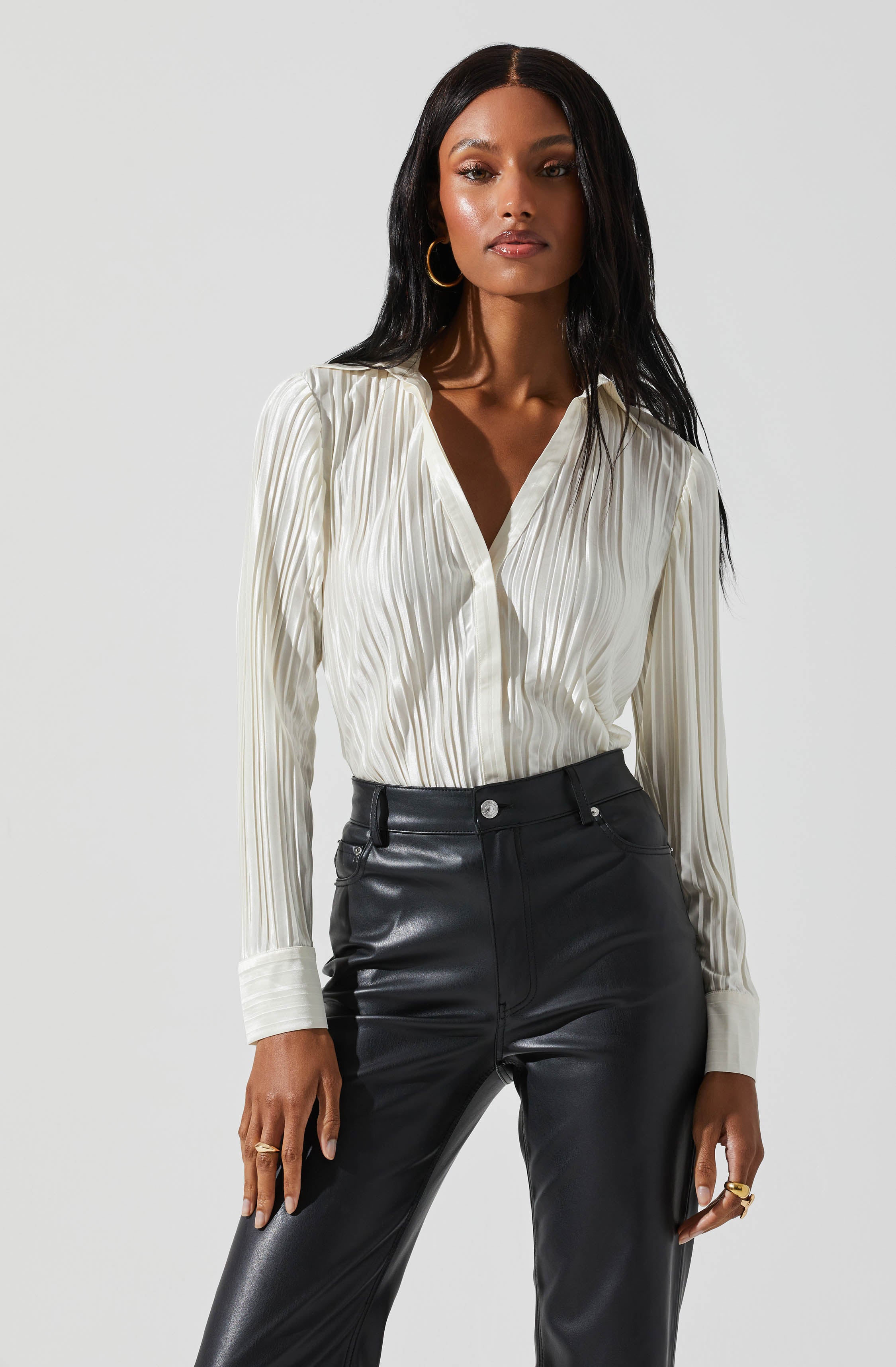 Laurel Satin Pleated Long Sleeve Top-Aljck