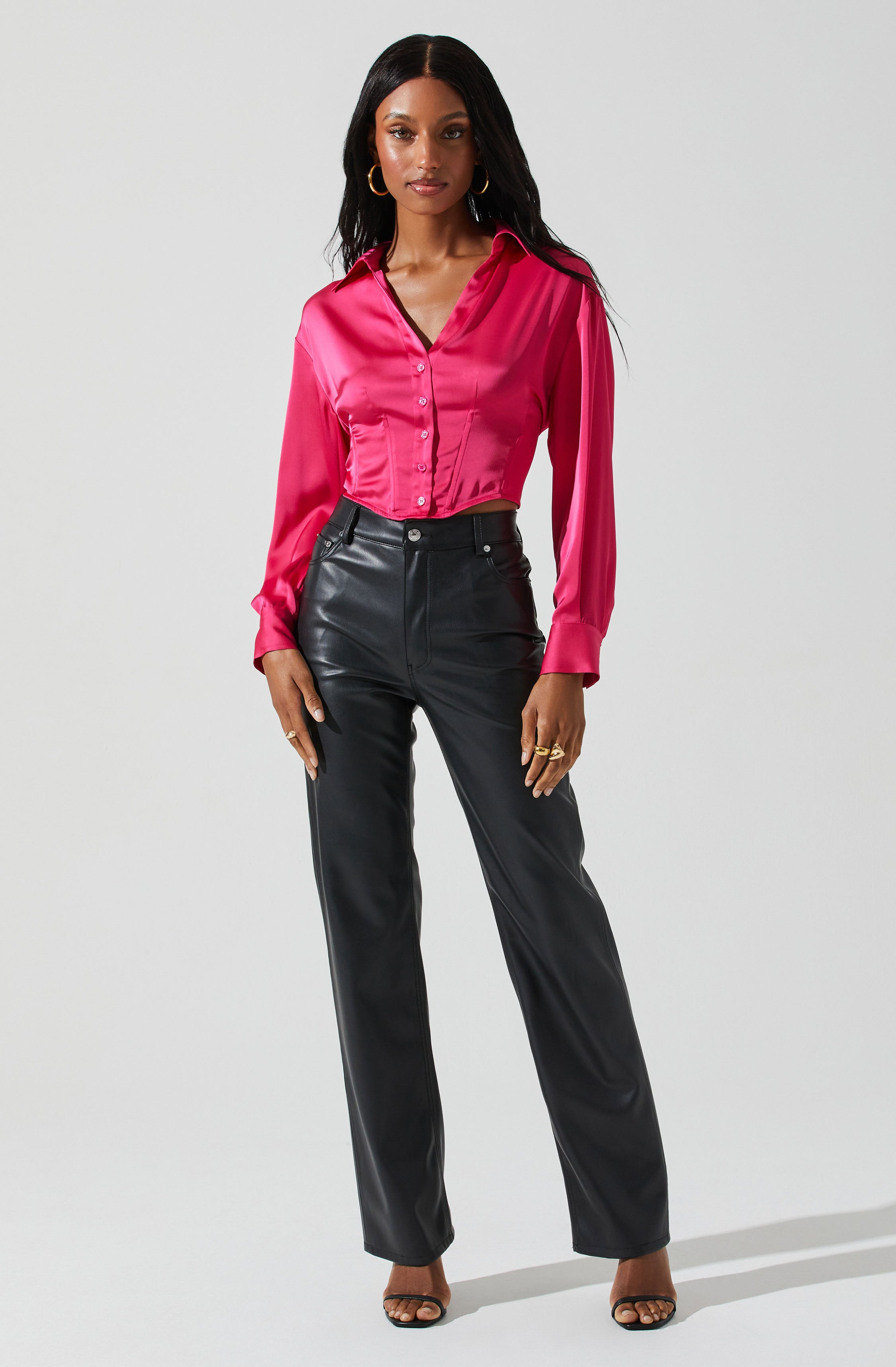 Millie Cropped Button Up Satin Top-Aljck