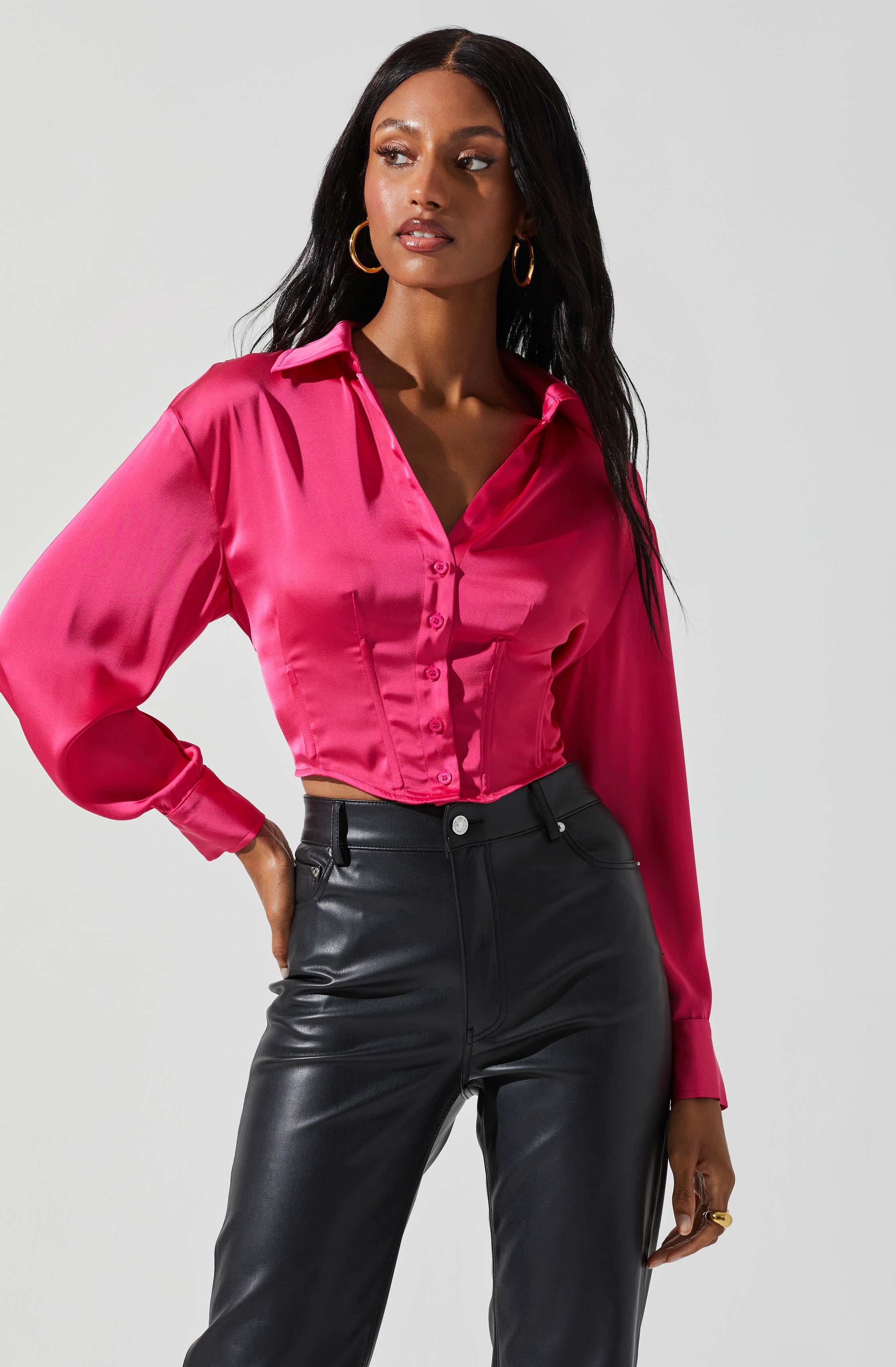 Millie Cropped Button Up Satin Top-Aljck