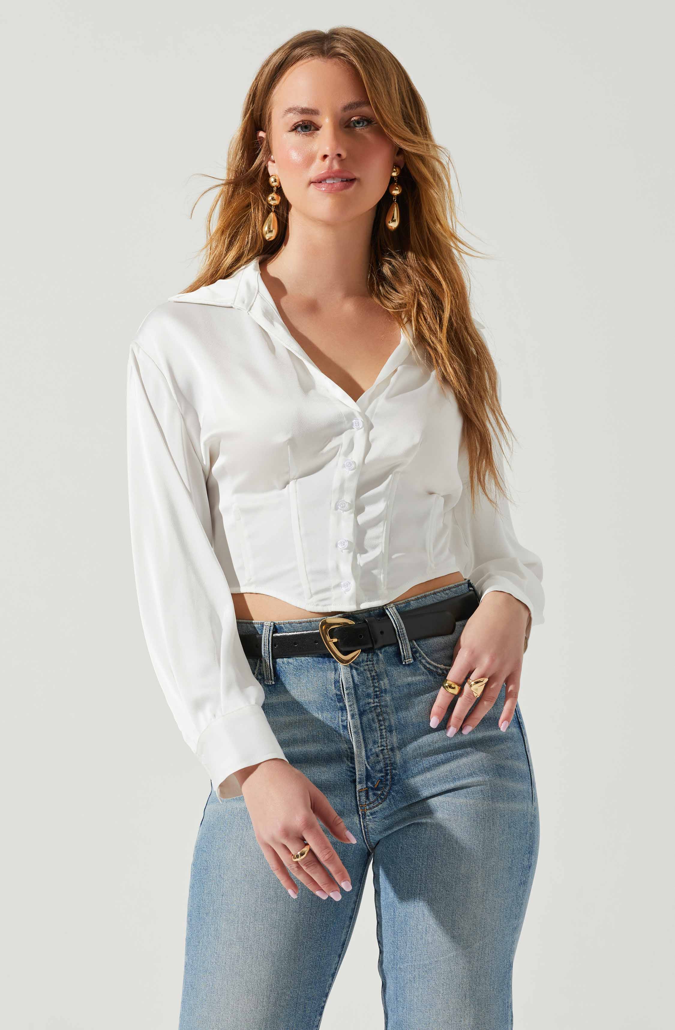 Millie Cropped Button Up Satin Top-Aljck