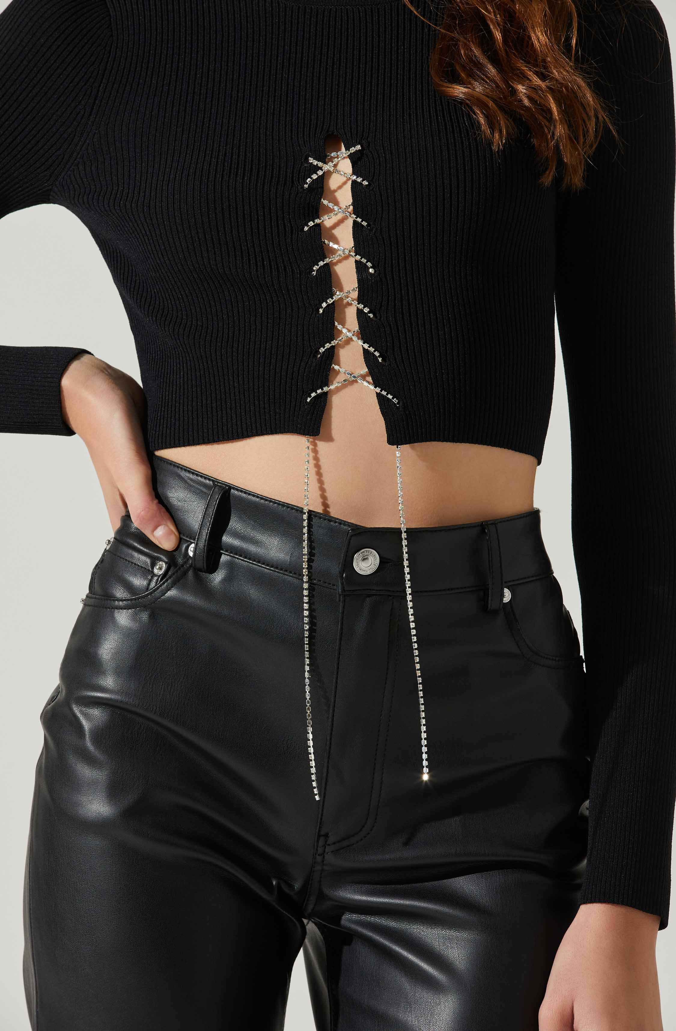 Simone Rhinestone Lace Up Sweater-Aljck