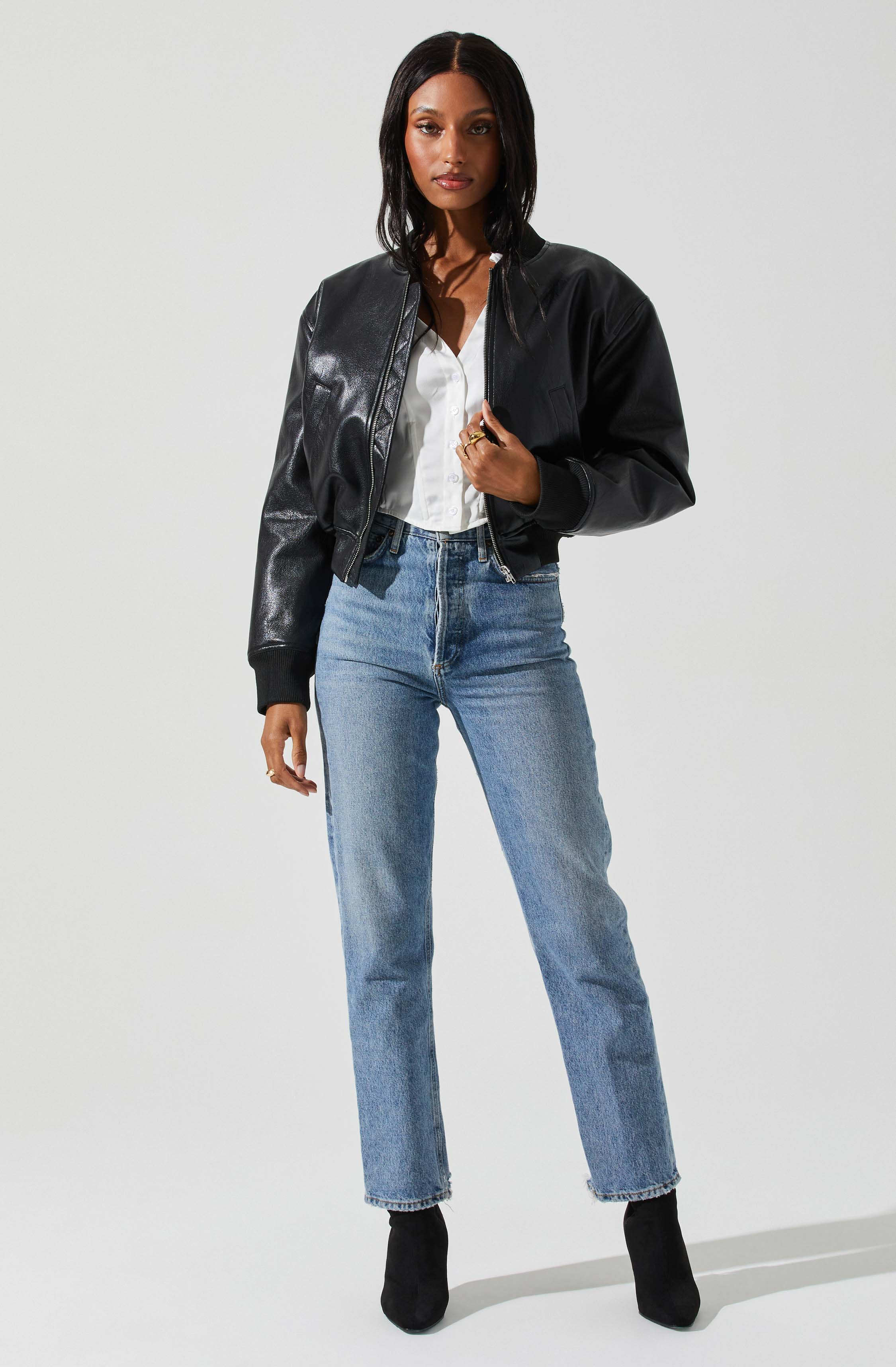 Avianna Faux Leather Bomber Jacket-Aljck