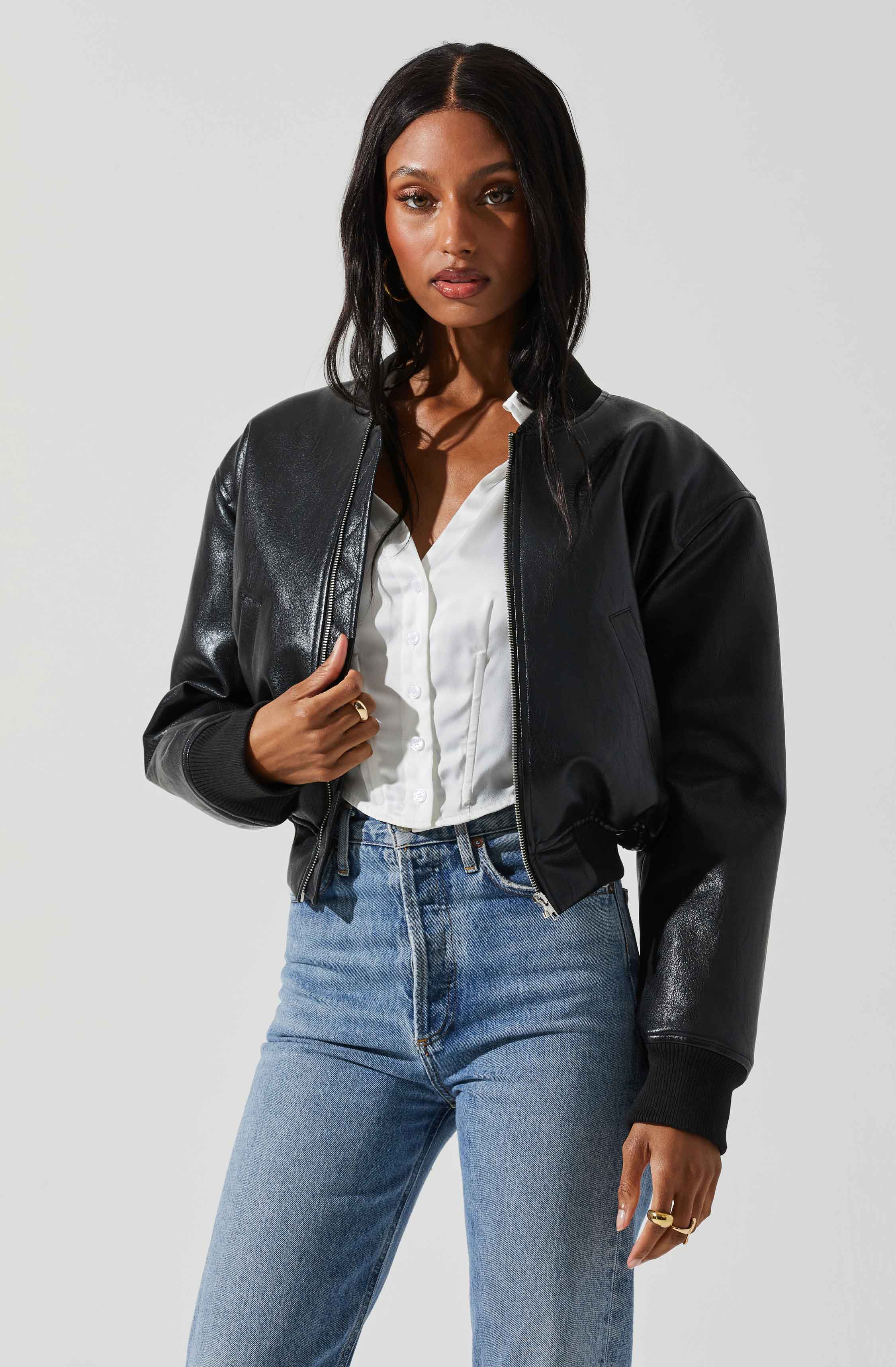 Avianna Faux Leather Bomber Jacket-Aljck
