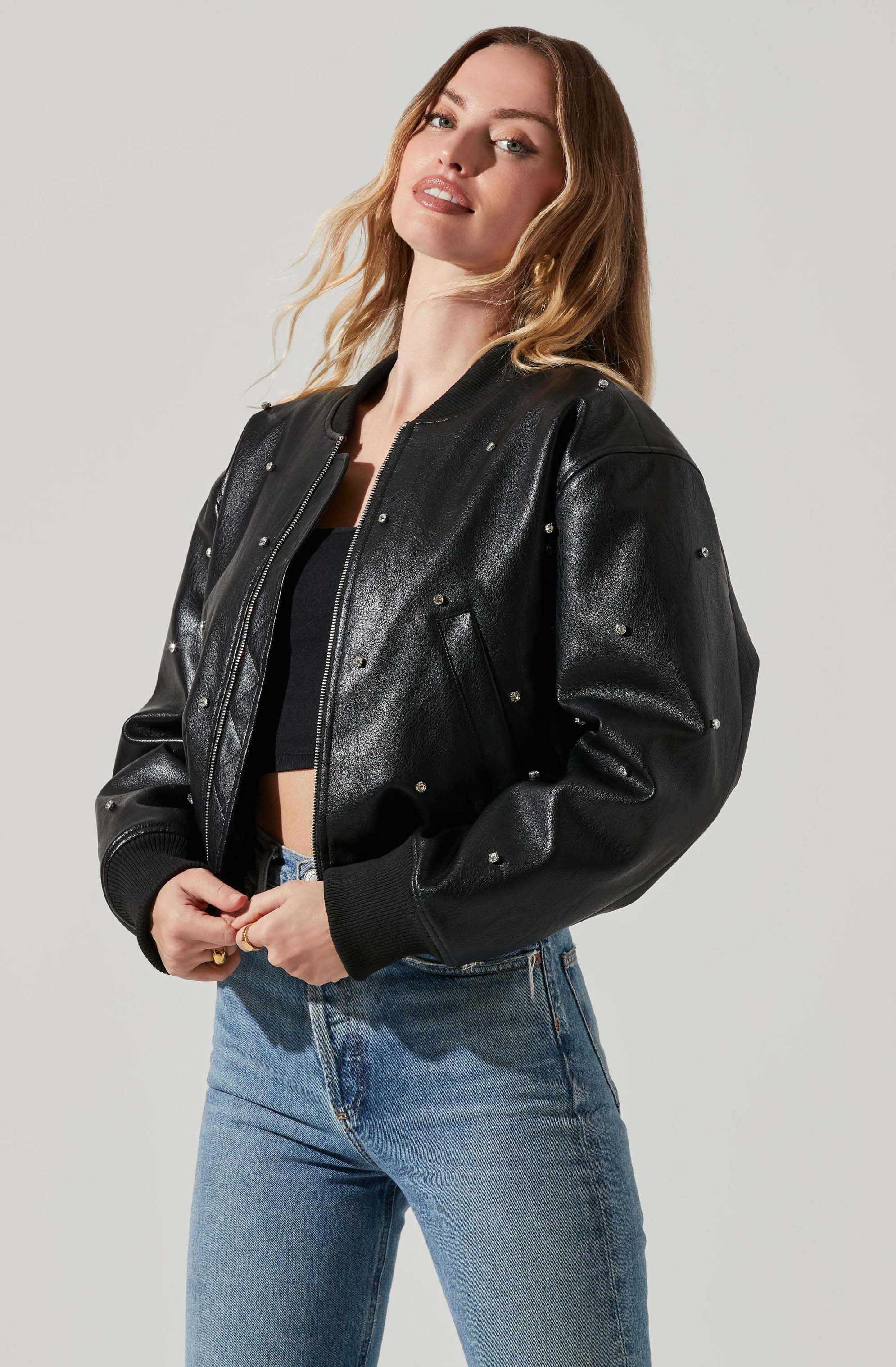 Avianna Embellished Faux Leather Jacket-Aljck