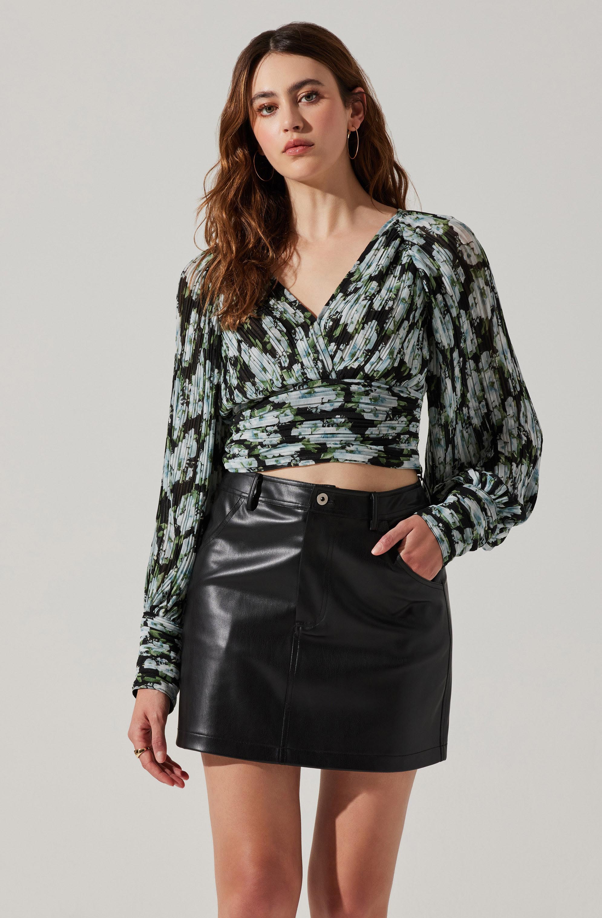 Pernilla Pleated Floral Puff Sleeve Top-Aljck