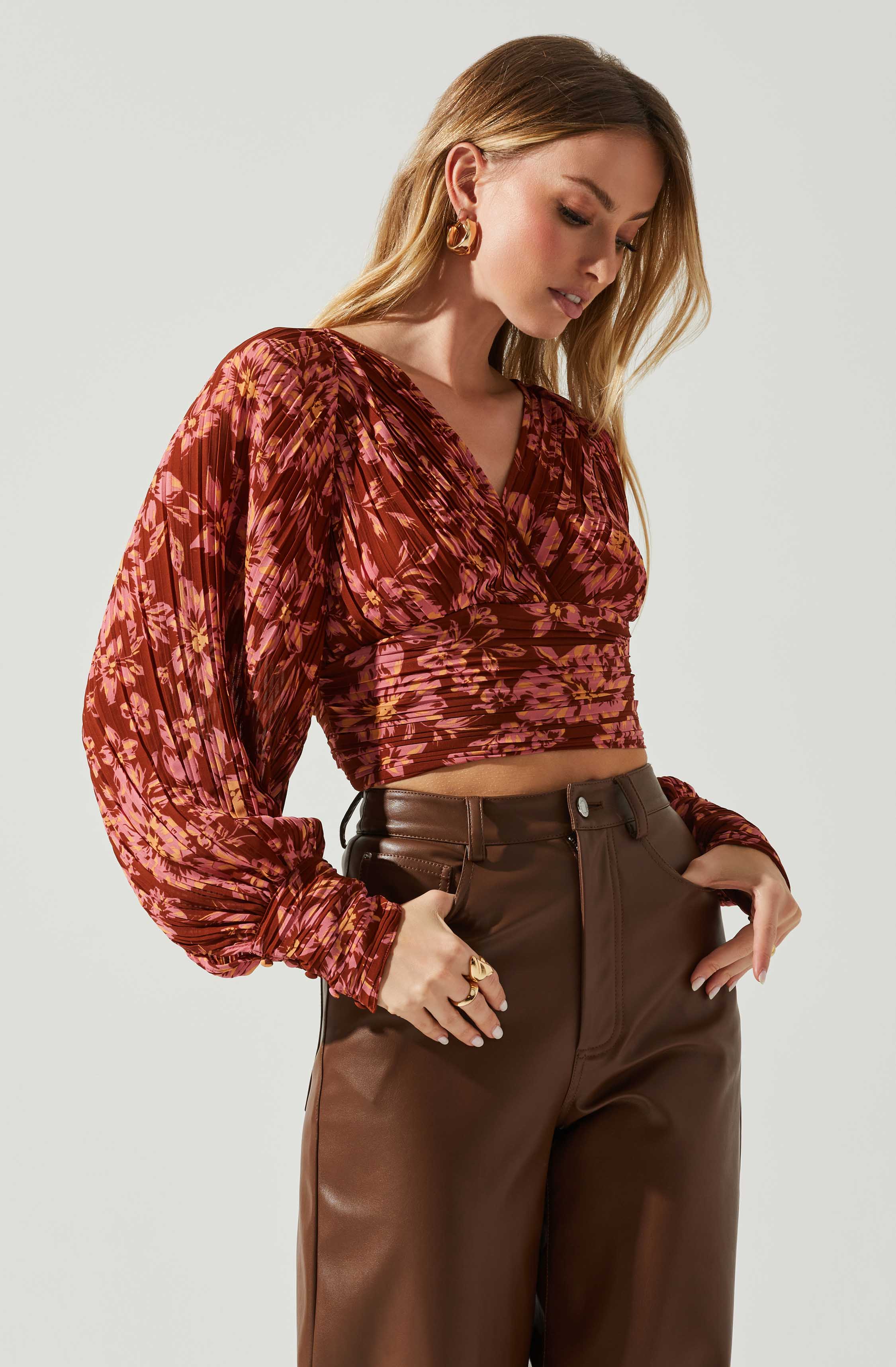 Pernilla Pleated Floral Puff Sleeve Top-Aljck