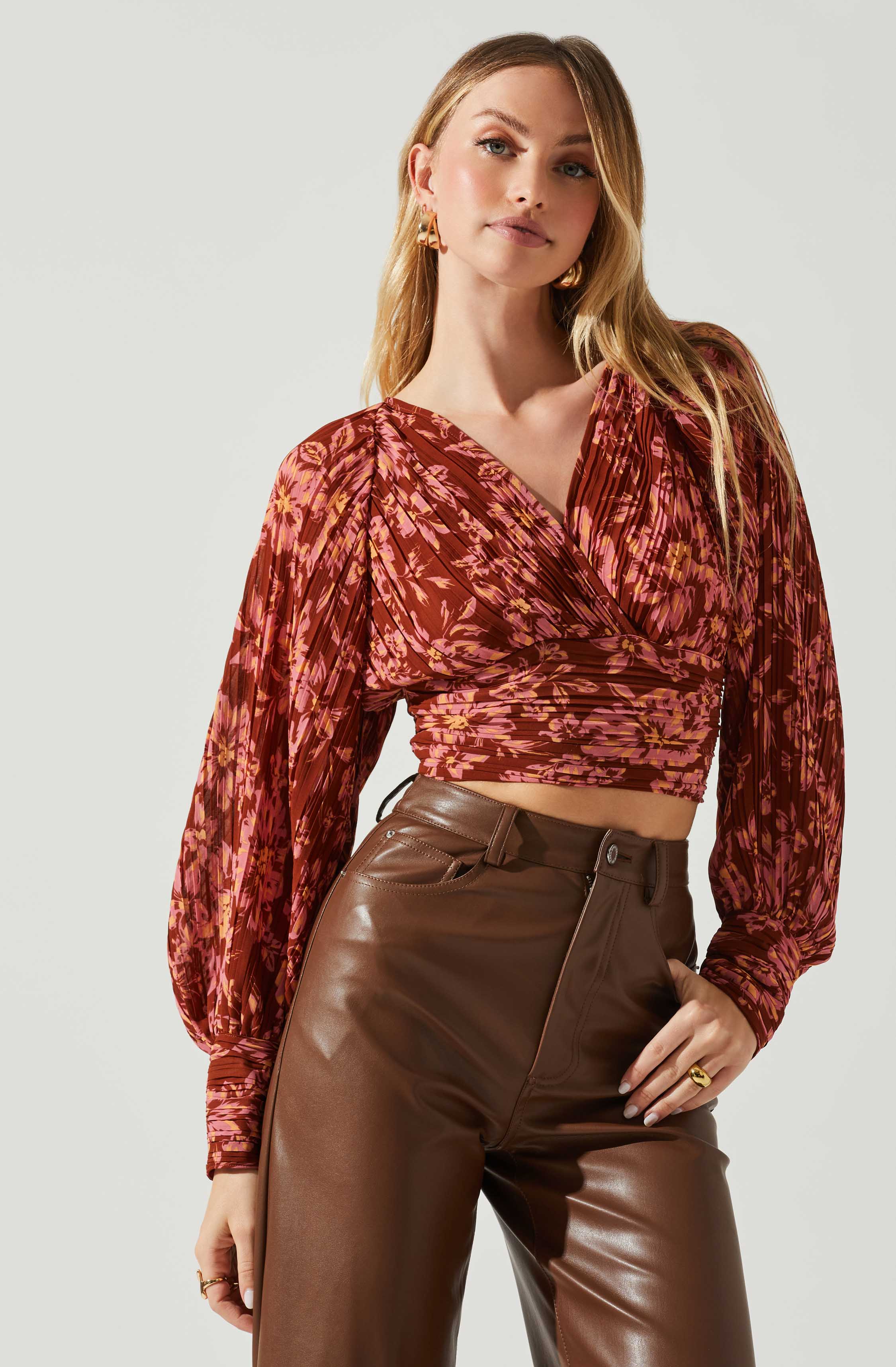 Pernilla Pleated Floral Puff Sleeve Top-Aljck