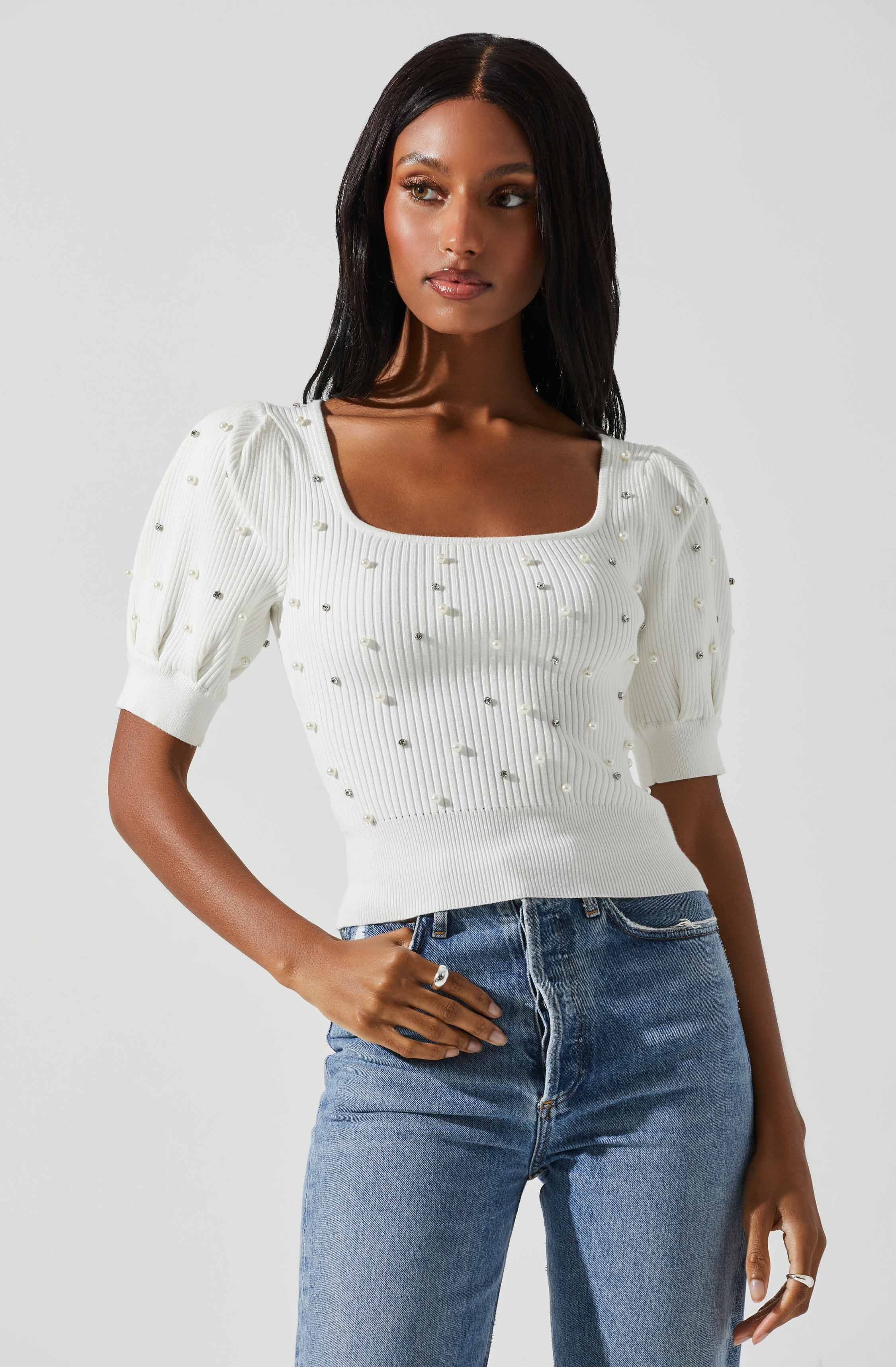 Kinsley Square Neck Pearl Sweater-Aljck