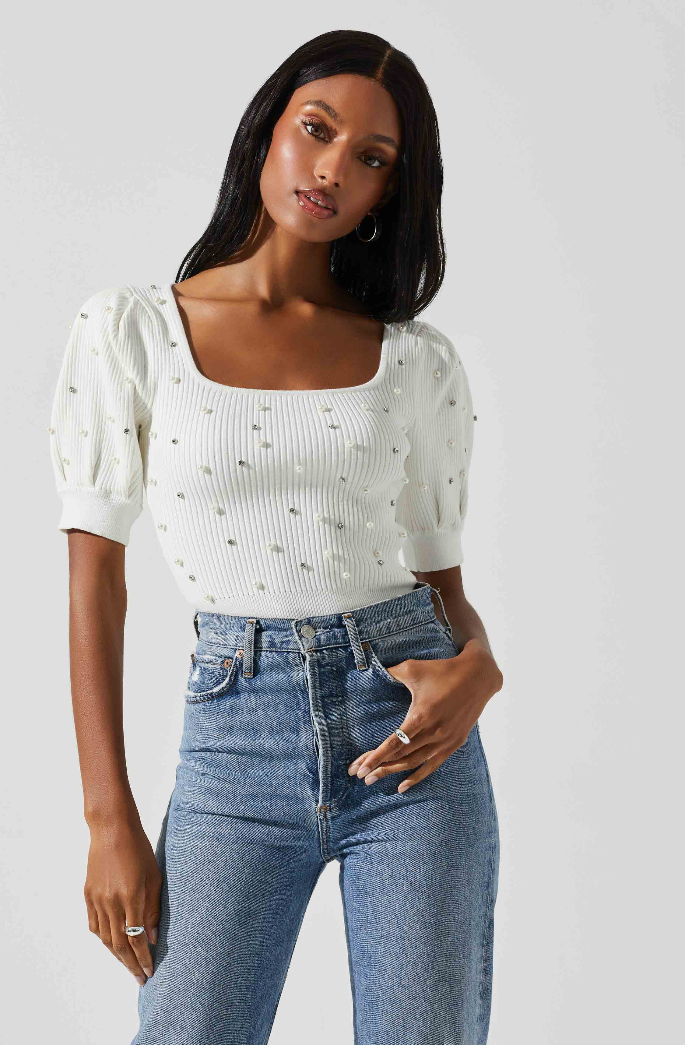 Kinsley Square Neck Pearl Sweater-Aljck