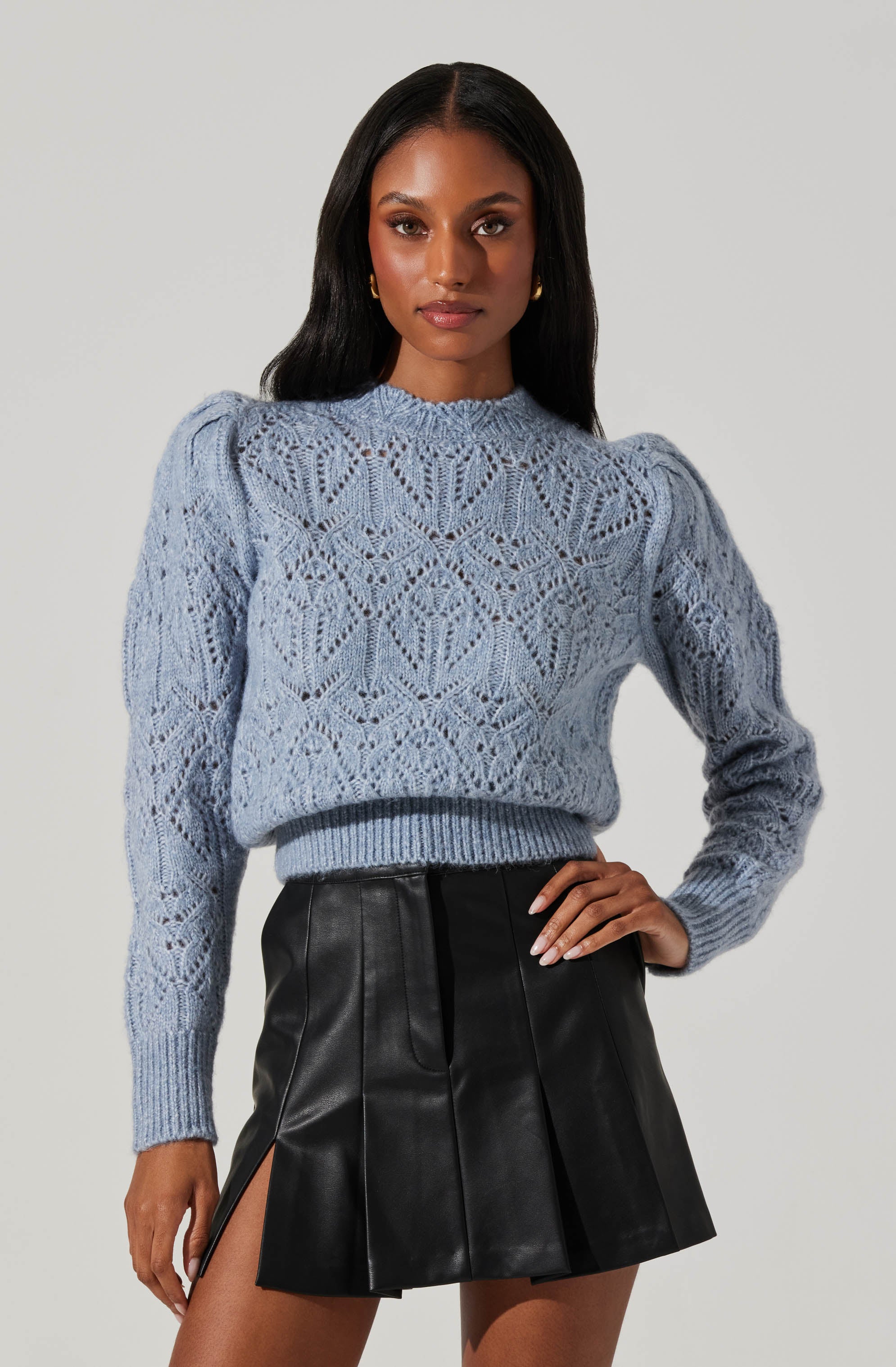 Evy Pointelle Puff Sleeve Sweater-Aljck
