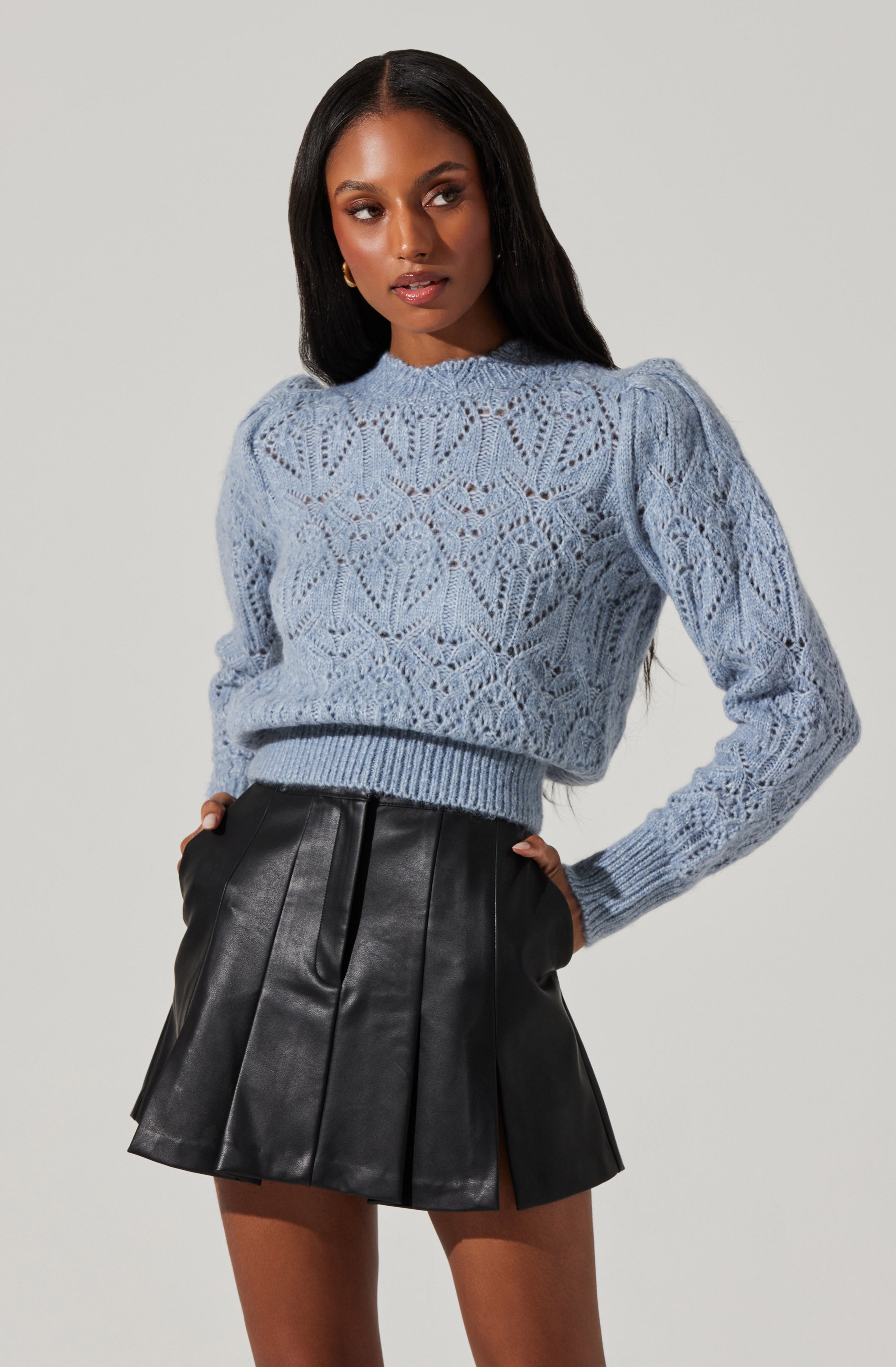 Evy Pointelle Puff Sleeve Sweater-Aljck