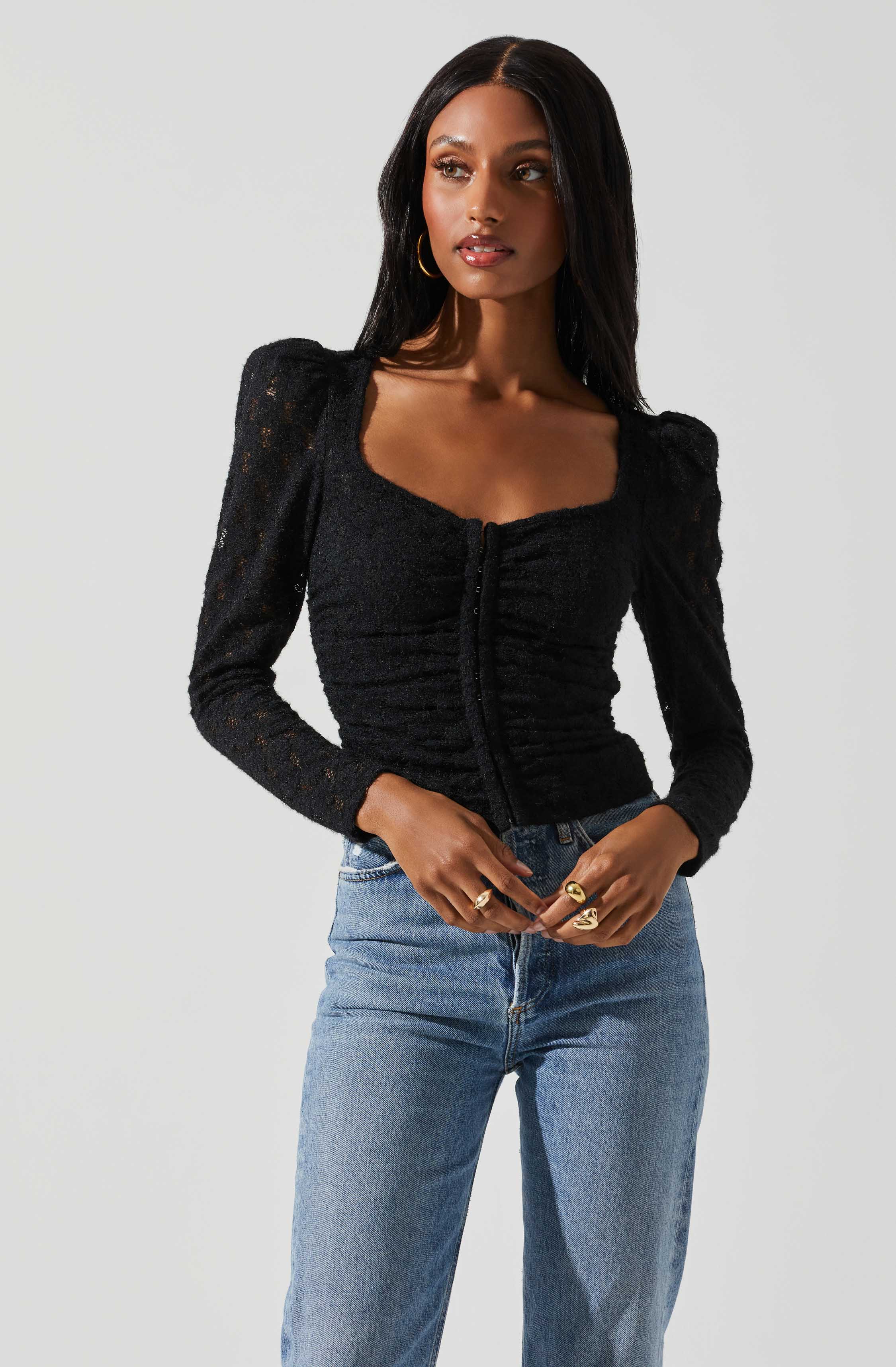 Leia Long Puff Sleeve Lace Top-Aljck