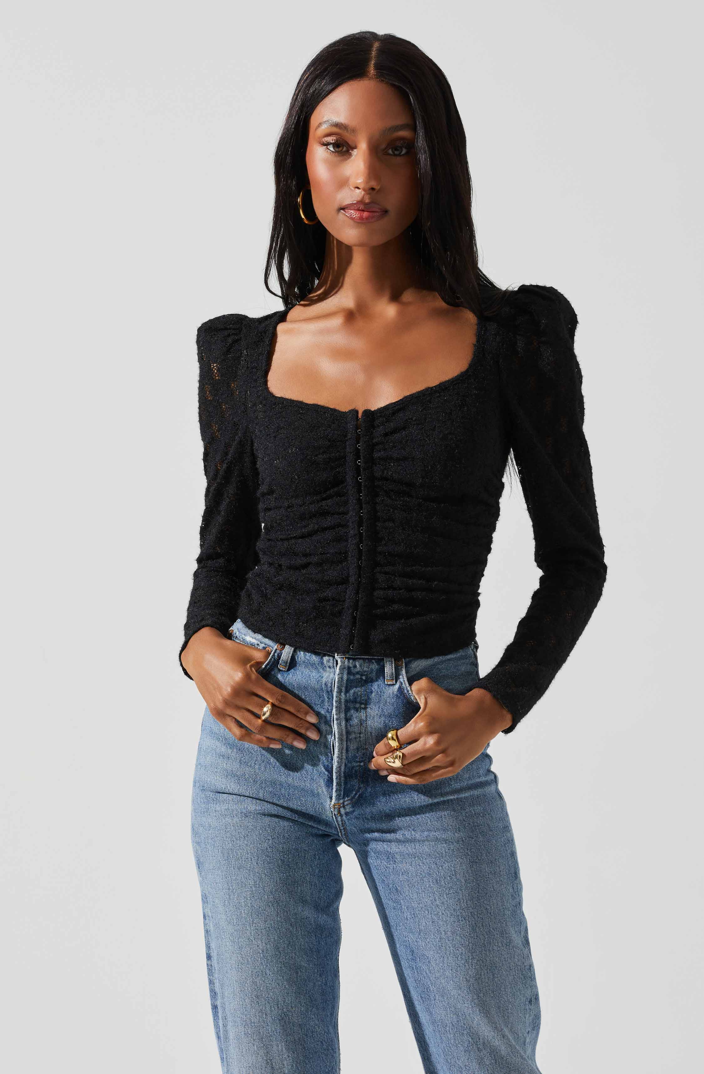 Leia Long Puff Sleeve Lace Top-Aljck