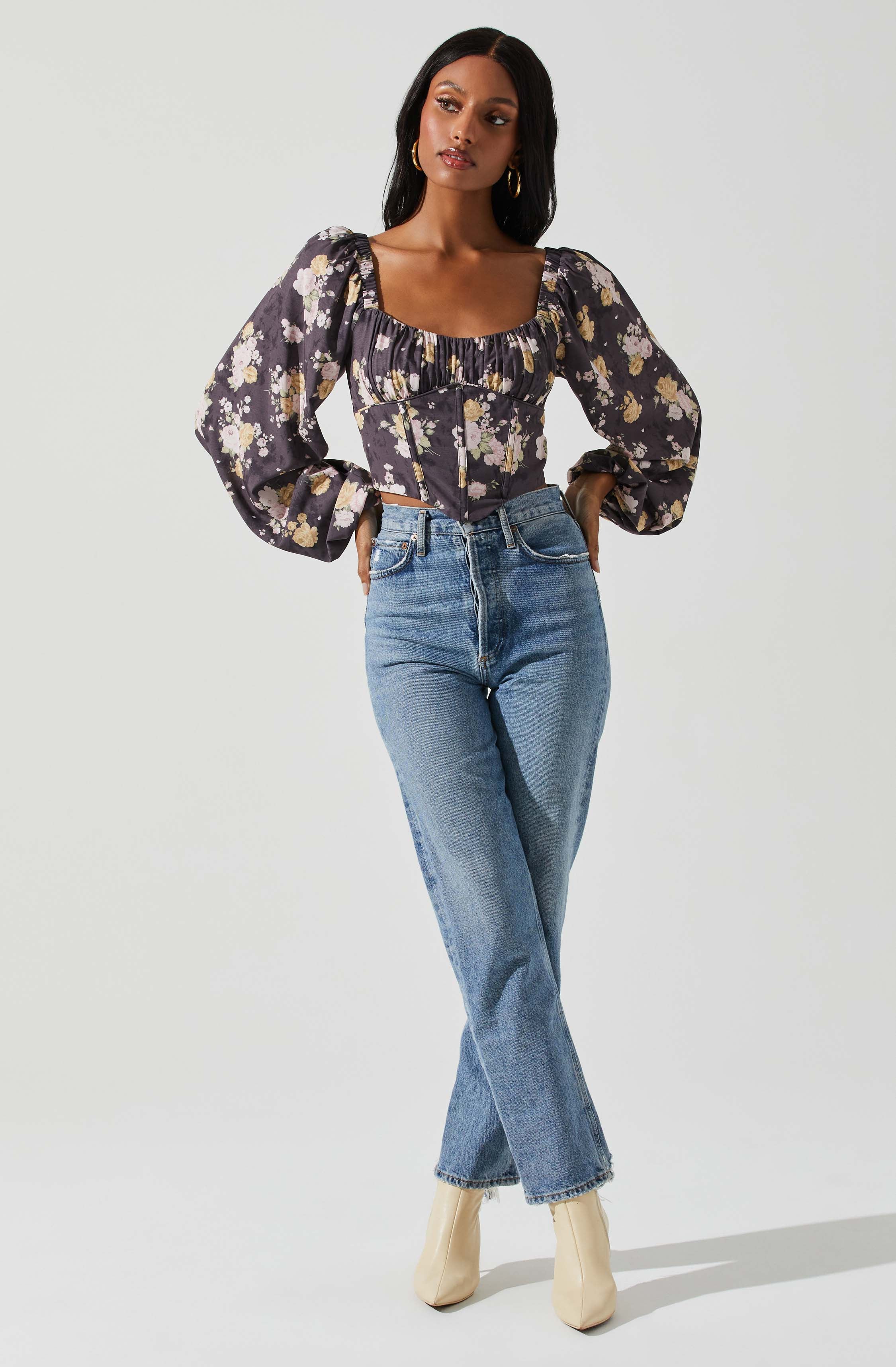 Penny Ruched Bust Long Sleeve Top-Aljck