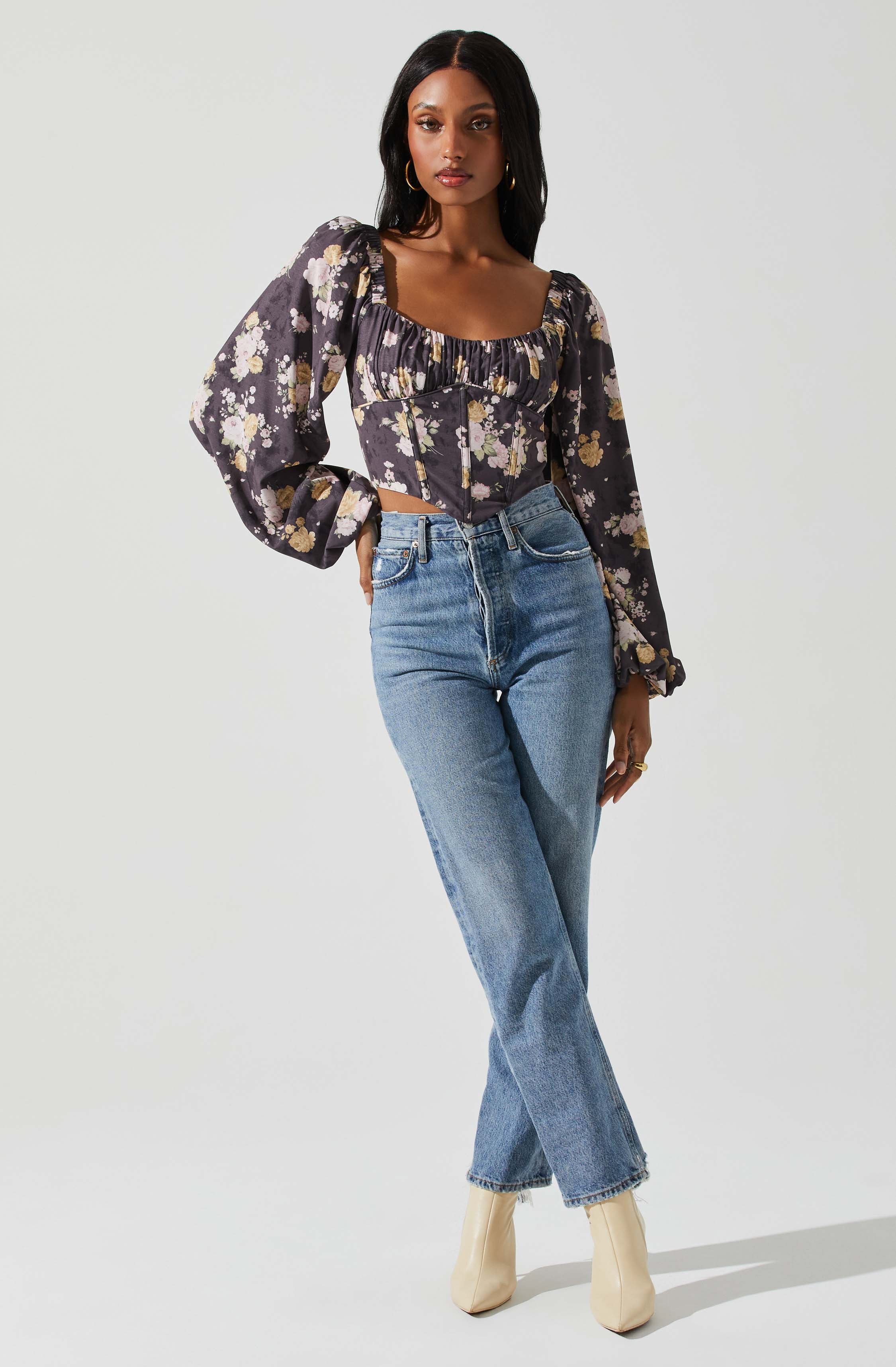 Penny Ruched Bust Long Sleeve Top-Aljck