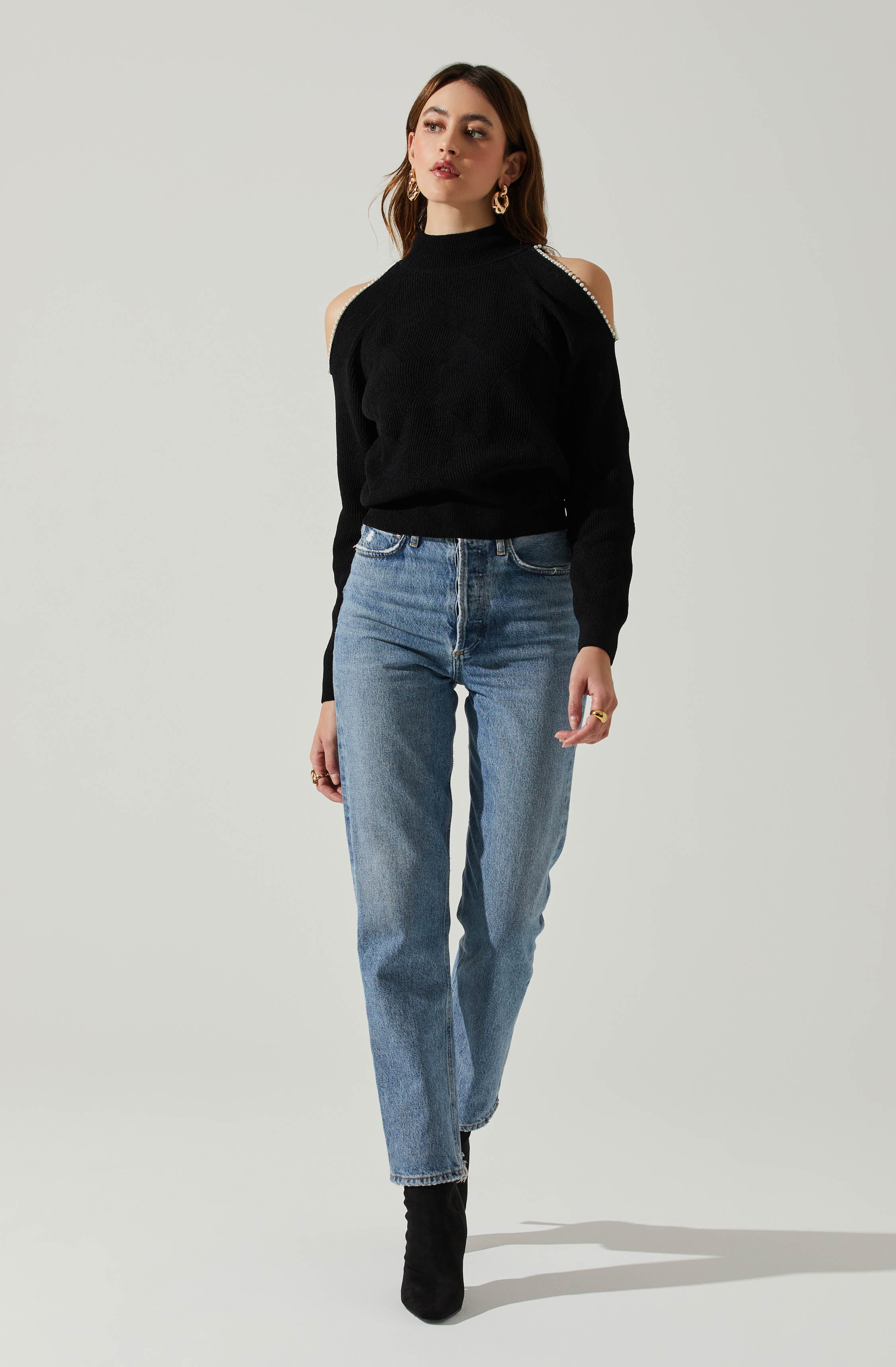 Tori Pearl Embellished Cold Shoulder Sweater-Aljck