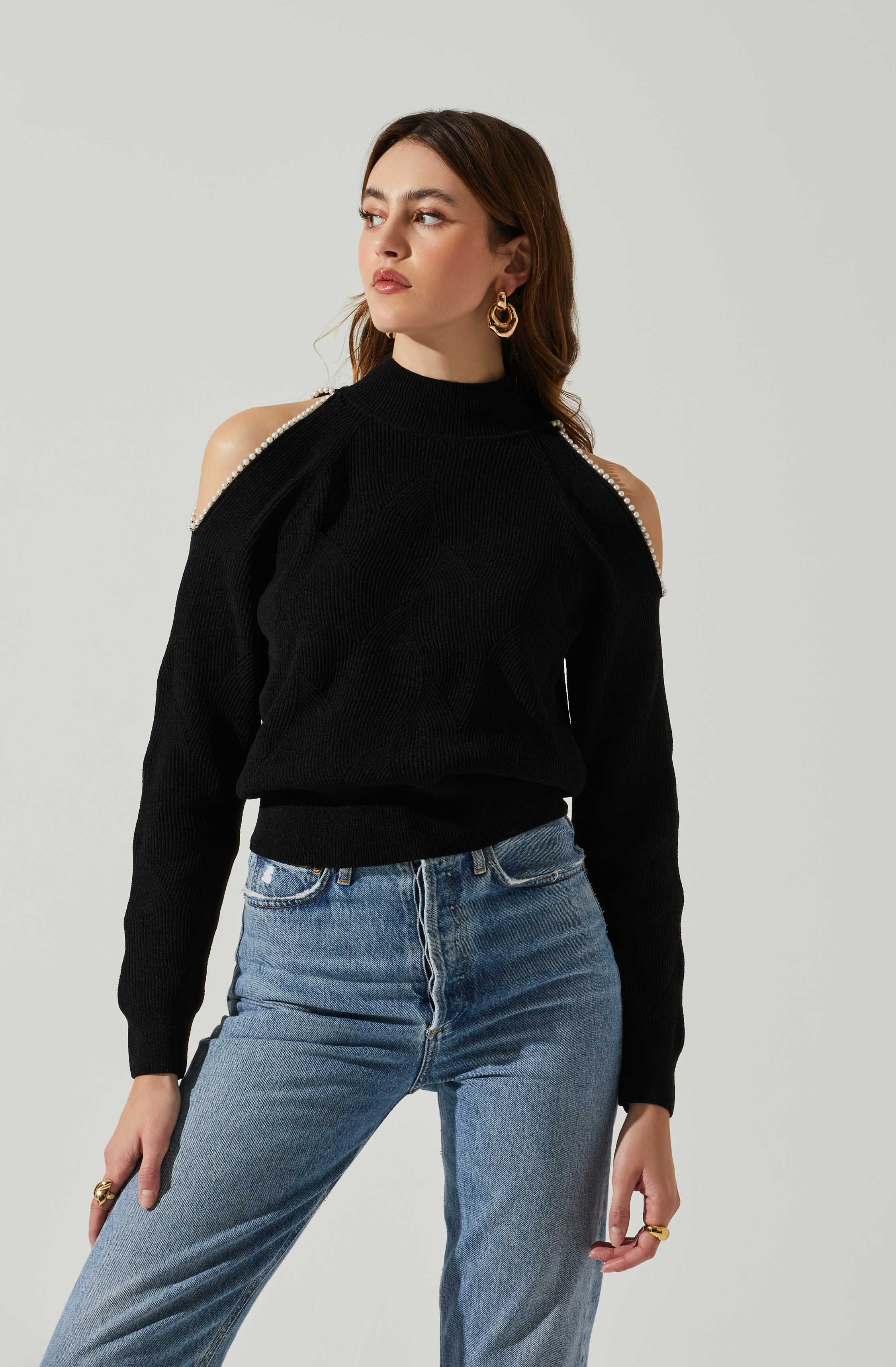 Tori Pearl Embellished Cold Shoulder Sweater-Aljck