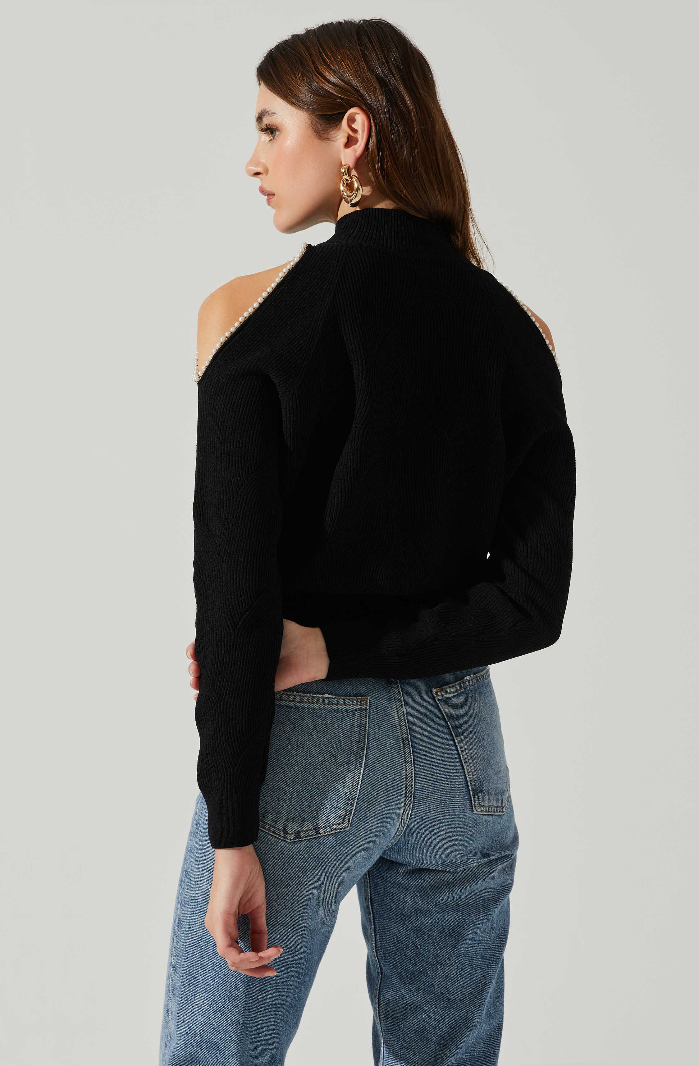 Tori Pearl Embellished Cold Shoulder Sweater-Aljck