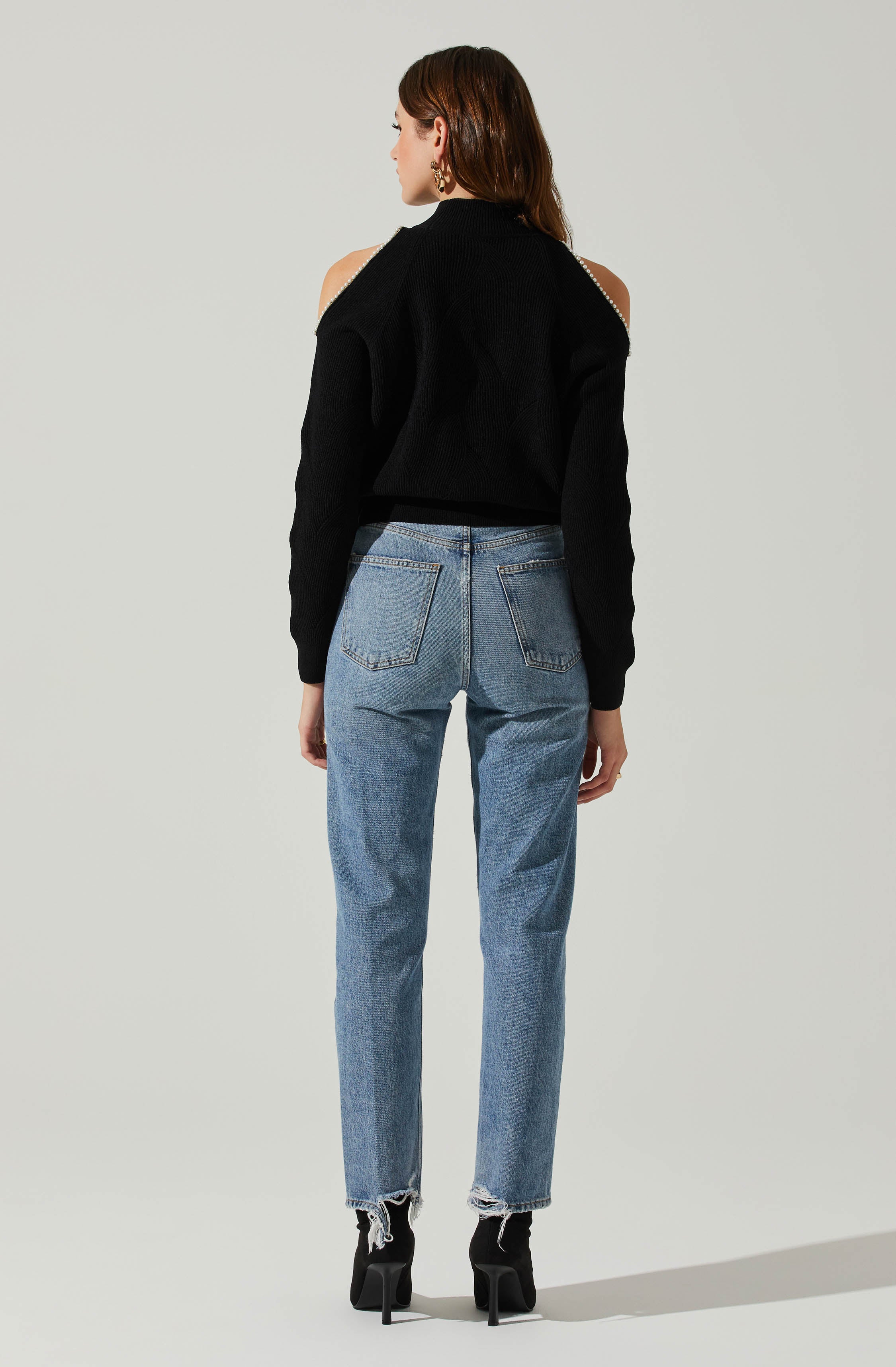 Tori Pearl Embellished Cold Shoulder Sweater-Aljck