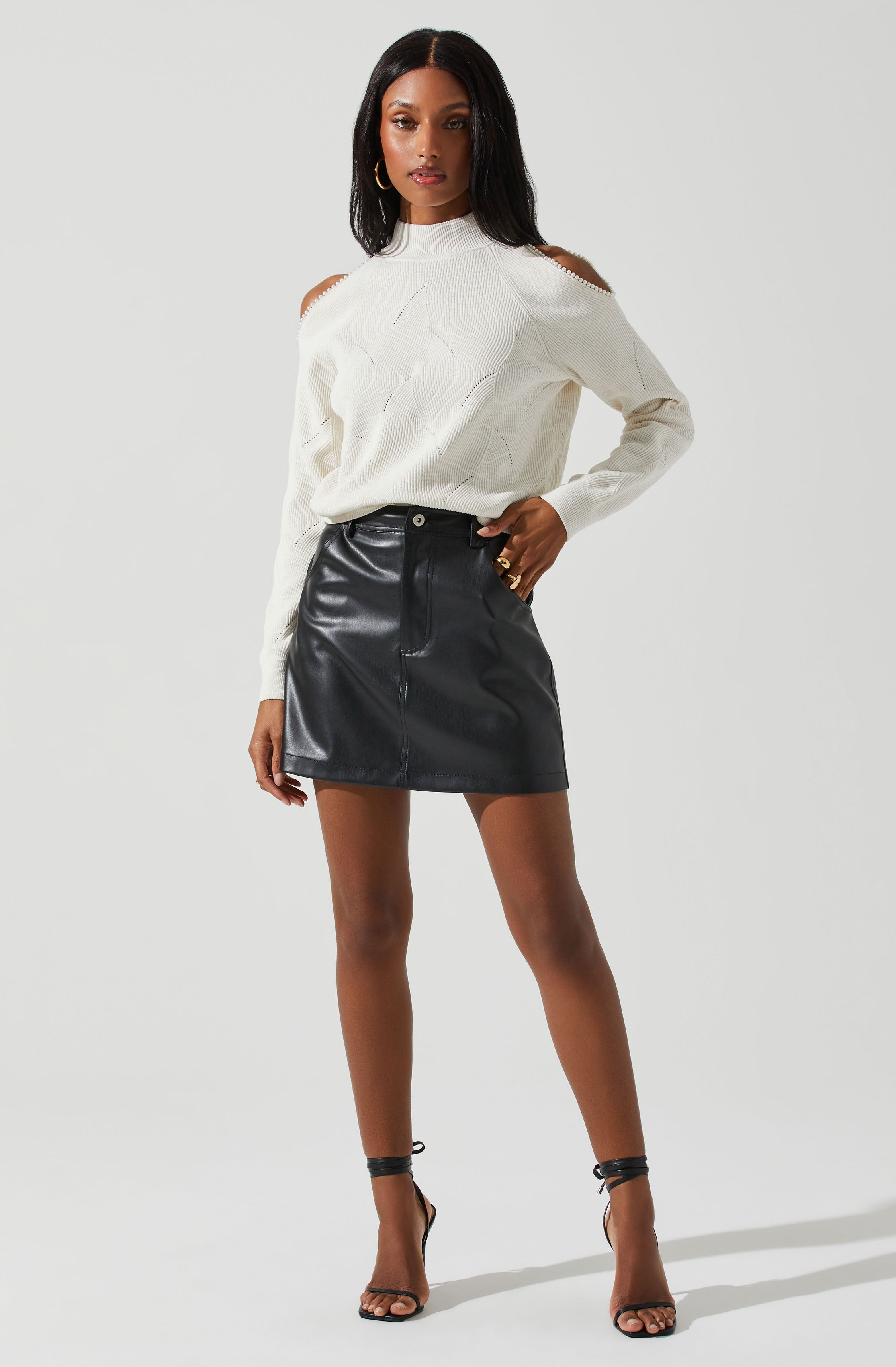 Tori Pearl Embellished Cold Shoulder Sweater-Aljck