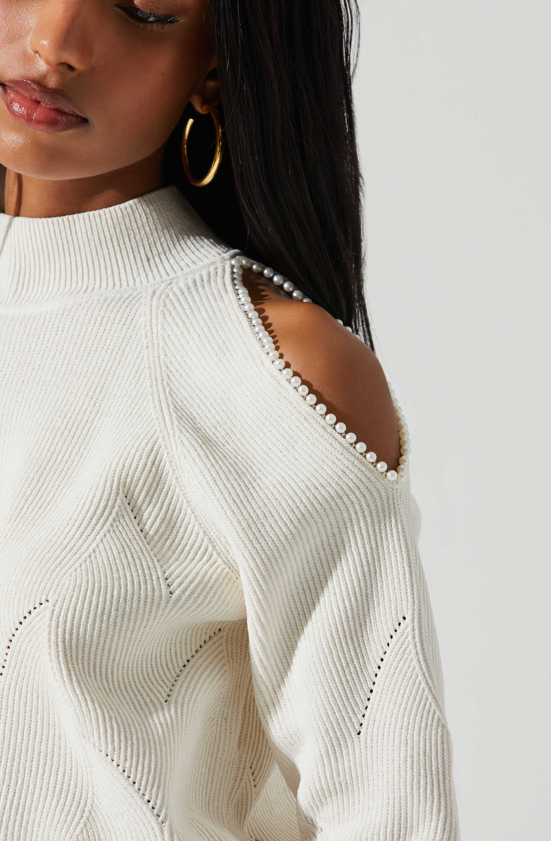Tori Pearl Embellished Cold Shoulder Sweater-Aljck