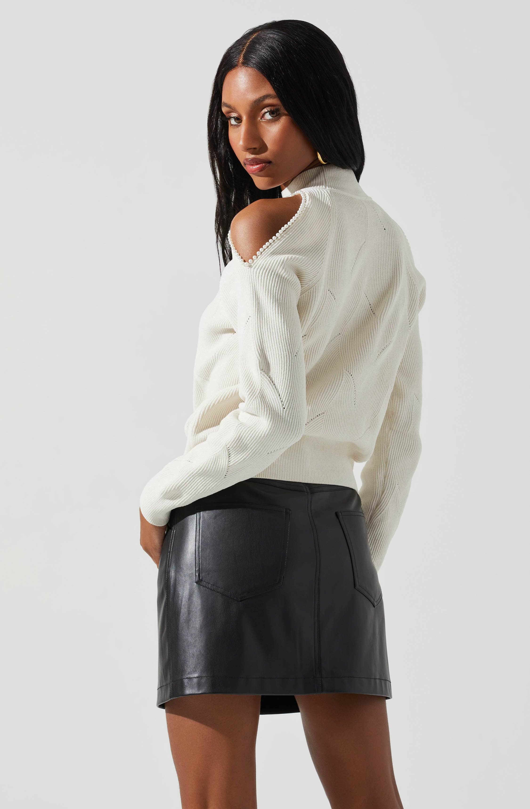 Tori Pearl Embellished Cold Shoulder Sweater-Aljck