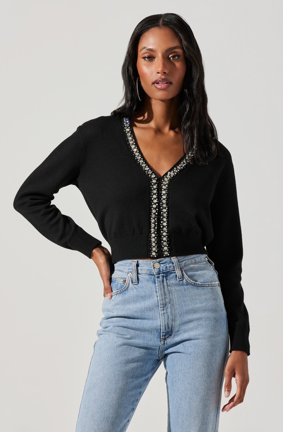 Torrance Rhinestone Trim Cardigan-Aljck