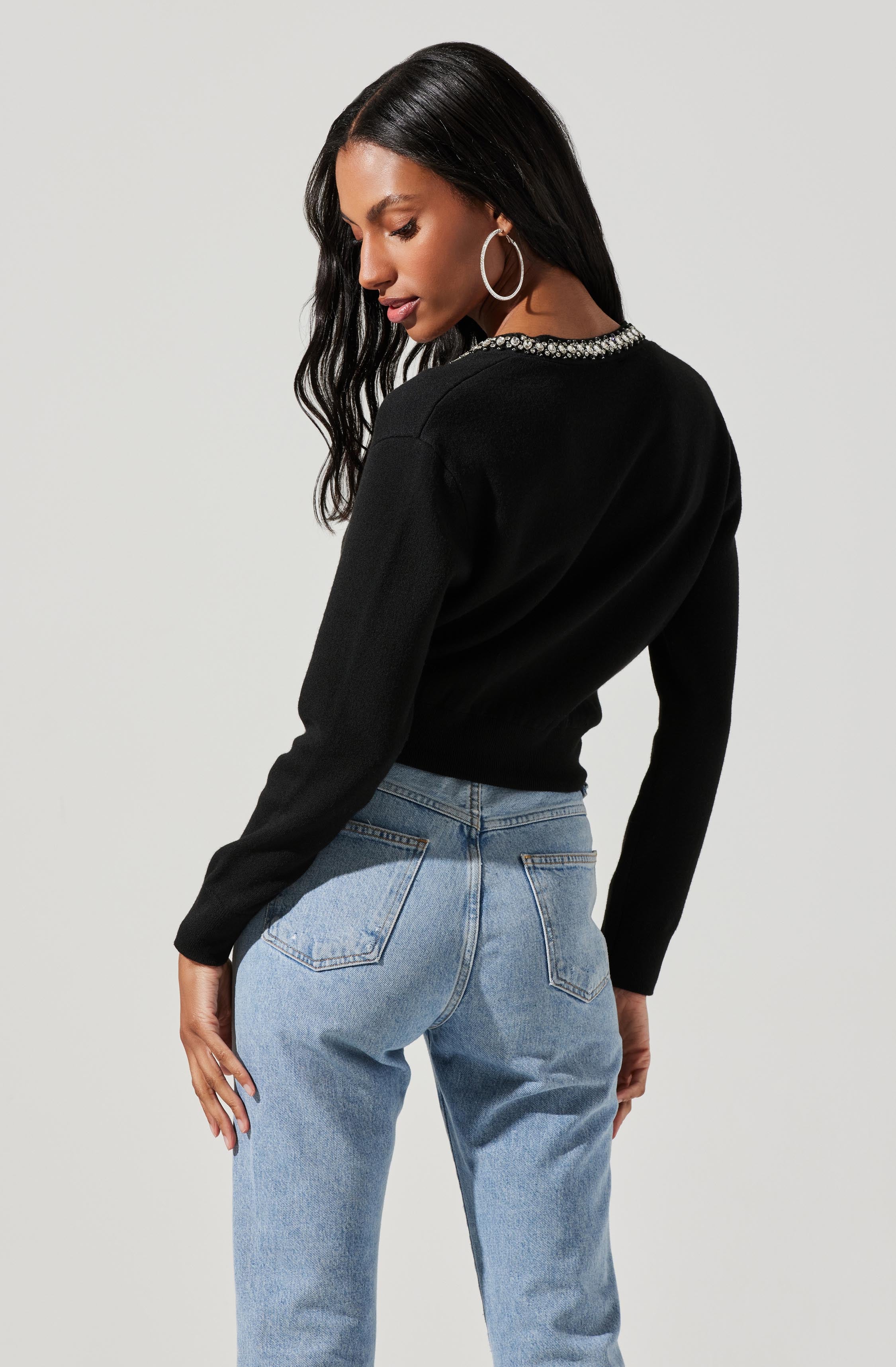 Torrance Rhinestone Trim Cardigan-Aljck