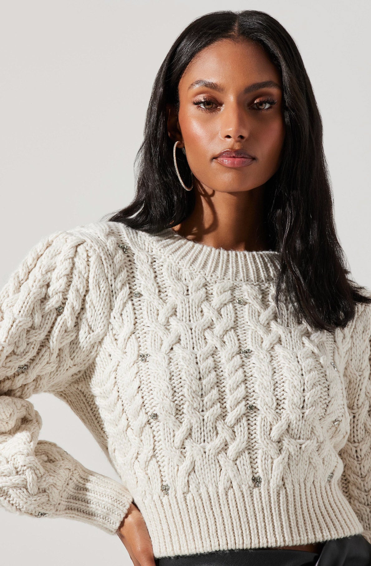 Edith Embellished Cable Knit Sweater-Aljck