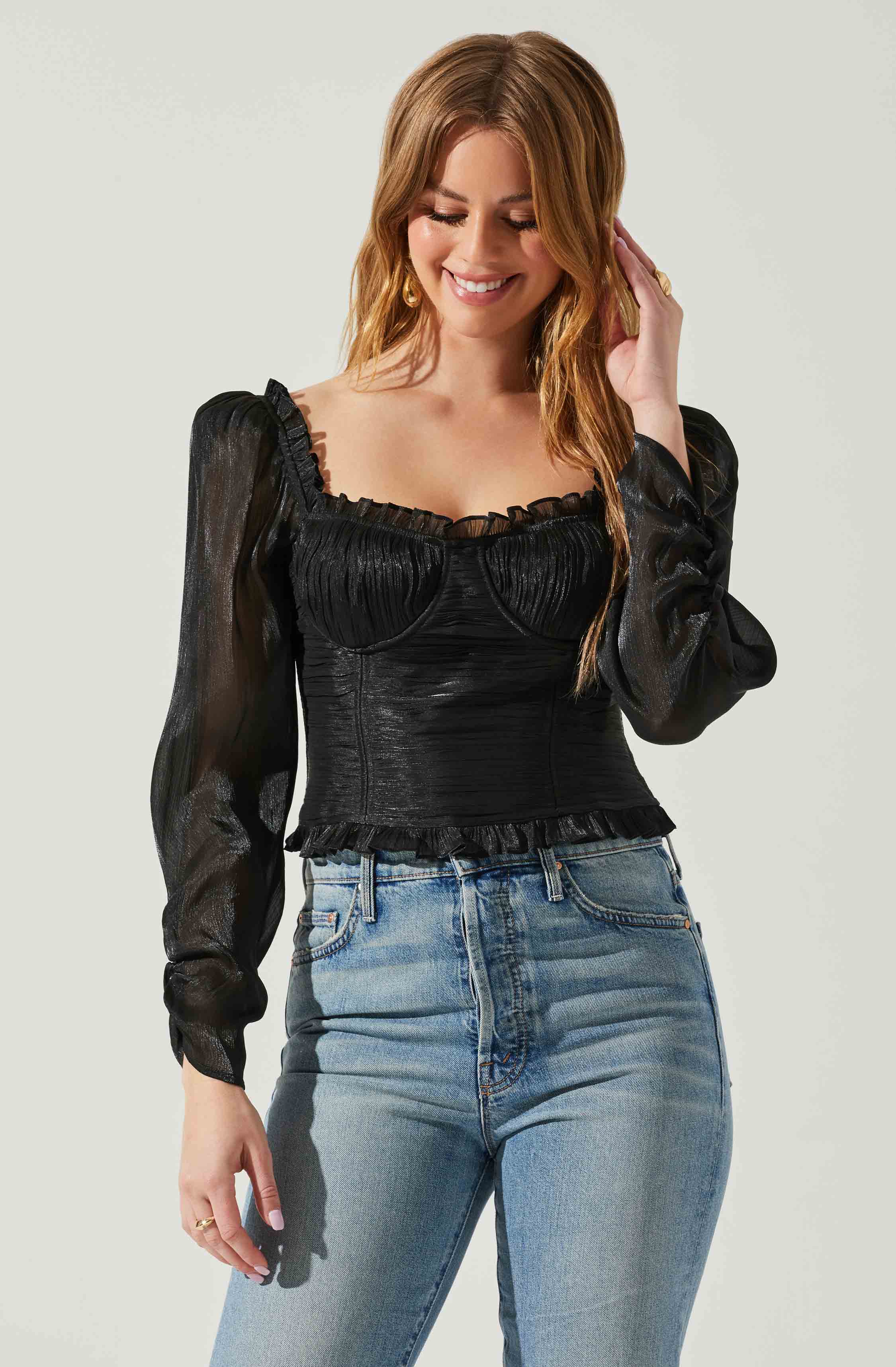 Junie Ruffle Square Neck Long Sleeve Top-Aljck