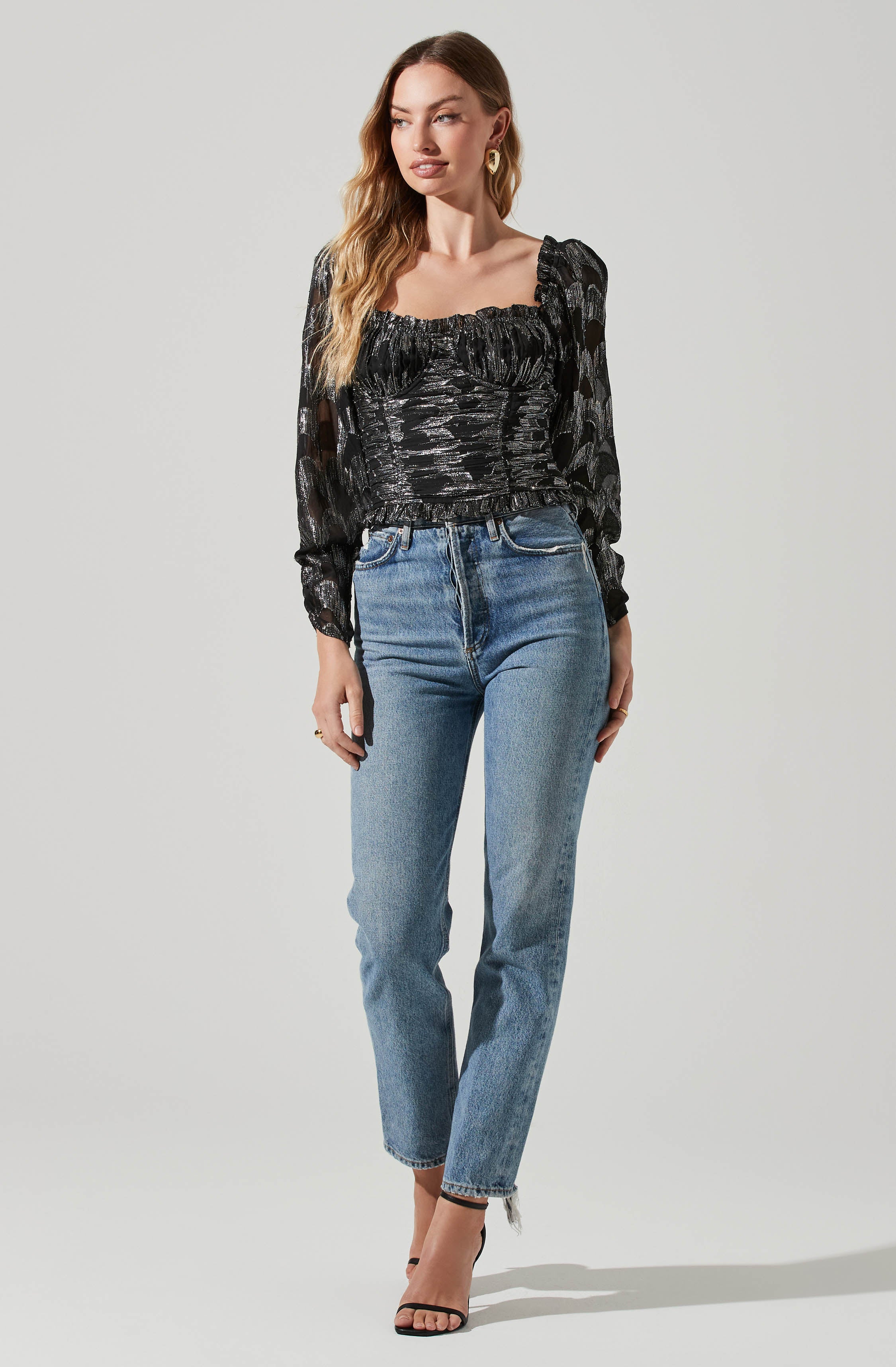 Junie Metallic Ruched Puff Sleeve Top-Aljck