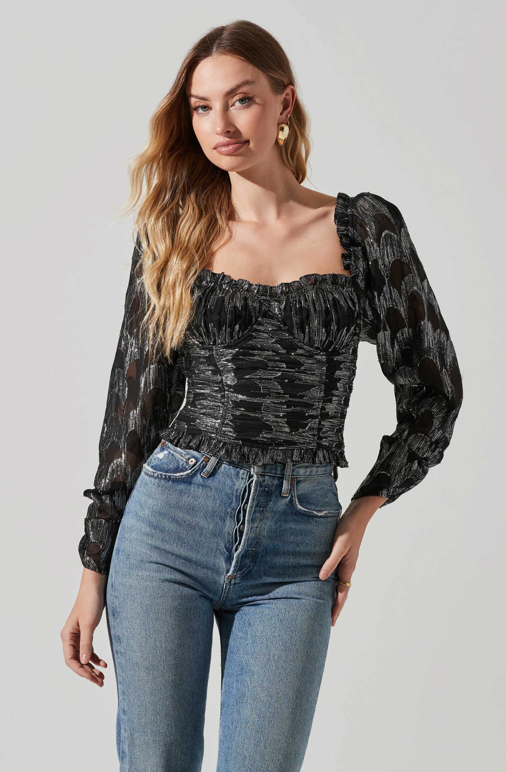Junie Metallic Ruched Puff Sleeve Top-Aljck