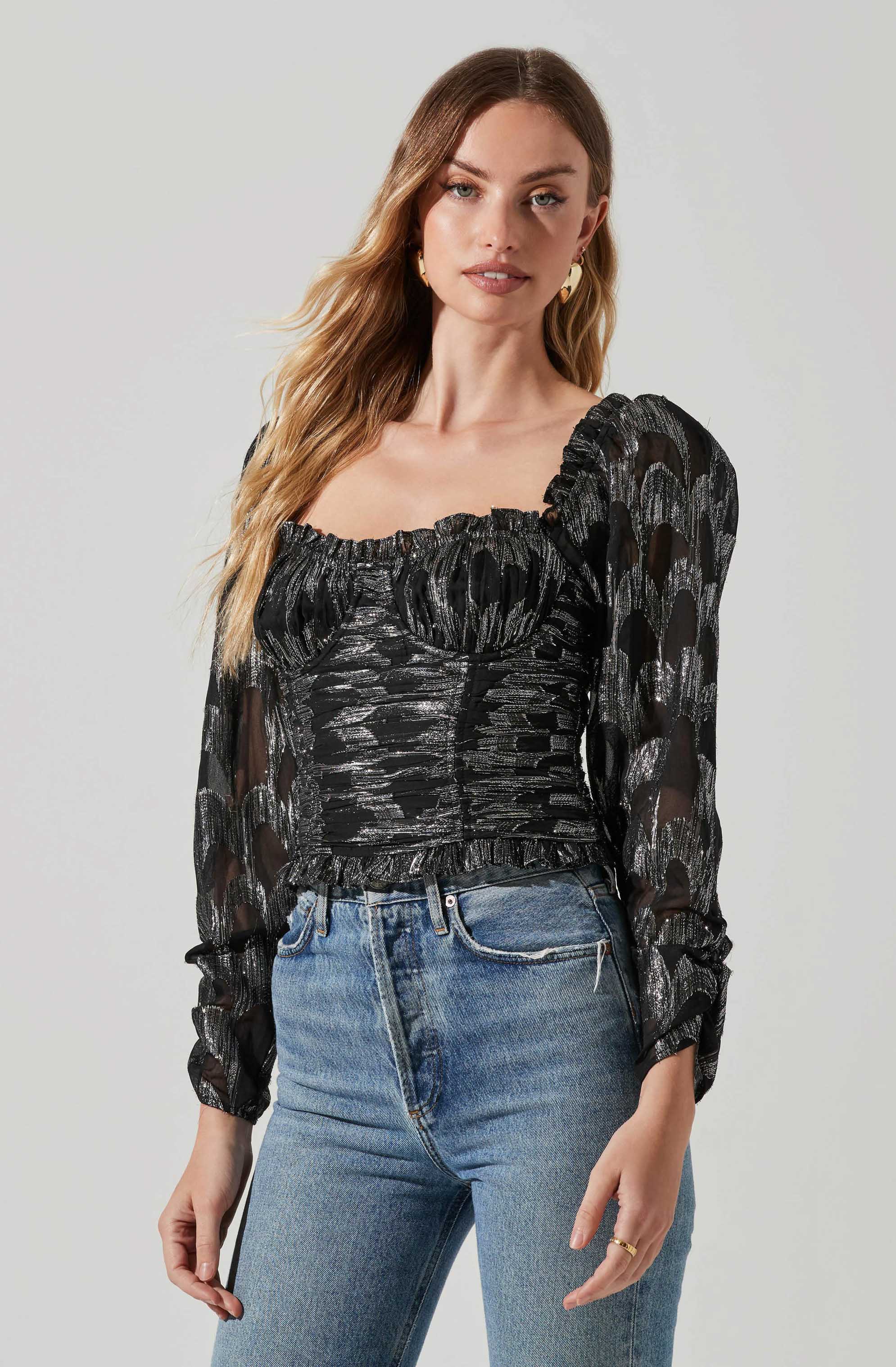 Junie Metallic Ruched Puff Sleeve Top-Aljck
