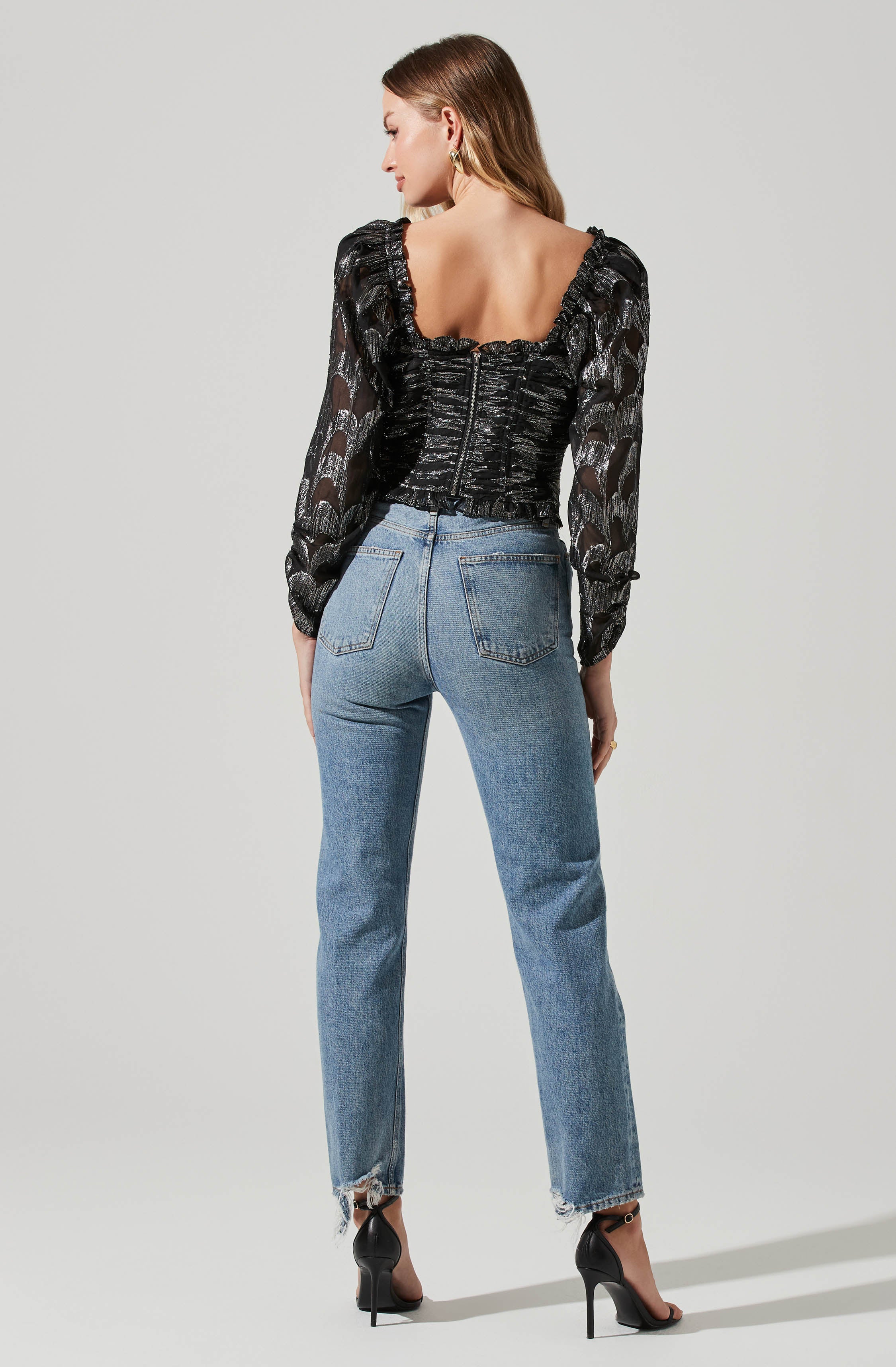 Junie Metallic Ruched Puff Sleeve Top-Aljck