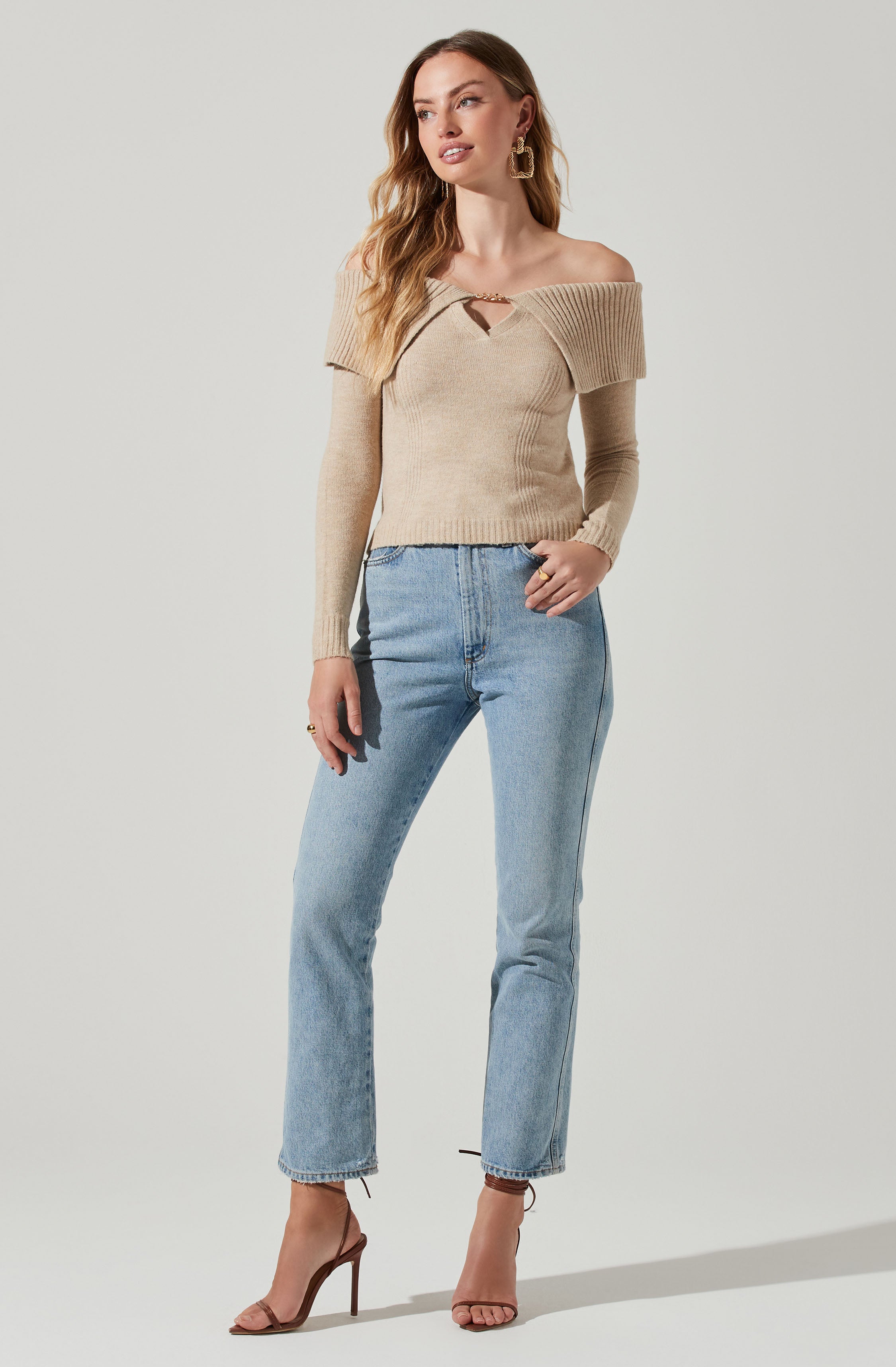 Zella Off Shoulder Chain Detail Sweater-Aljck