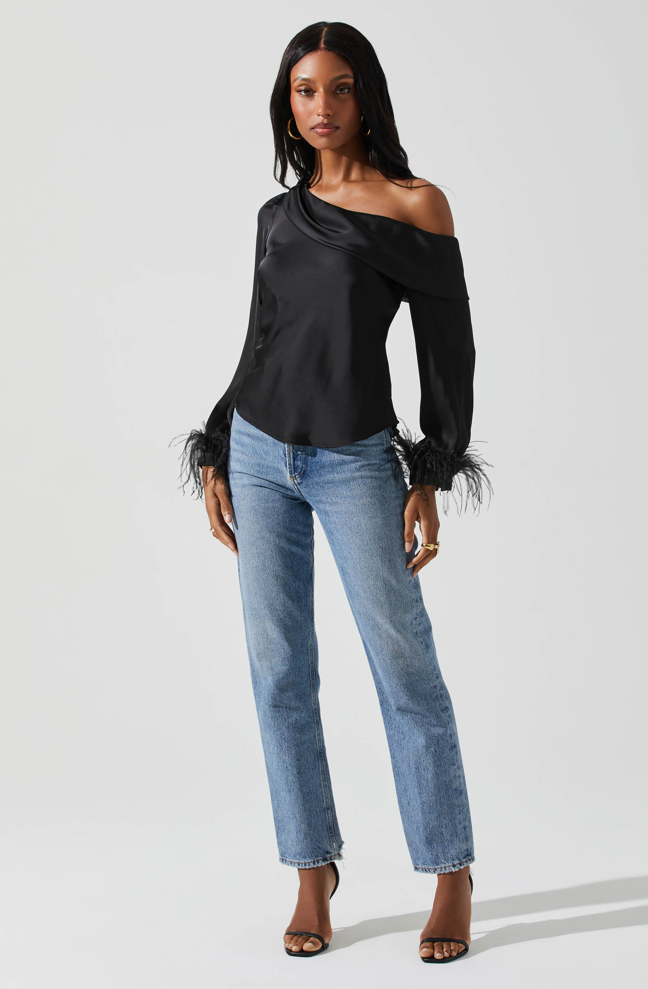 Dawn Off Shoulder Feather Trim Top-Aljck