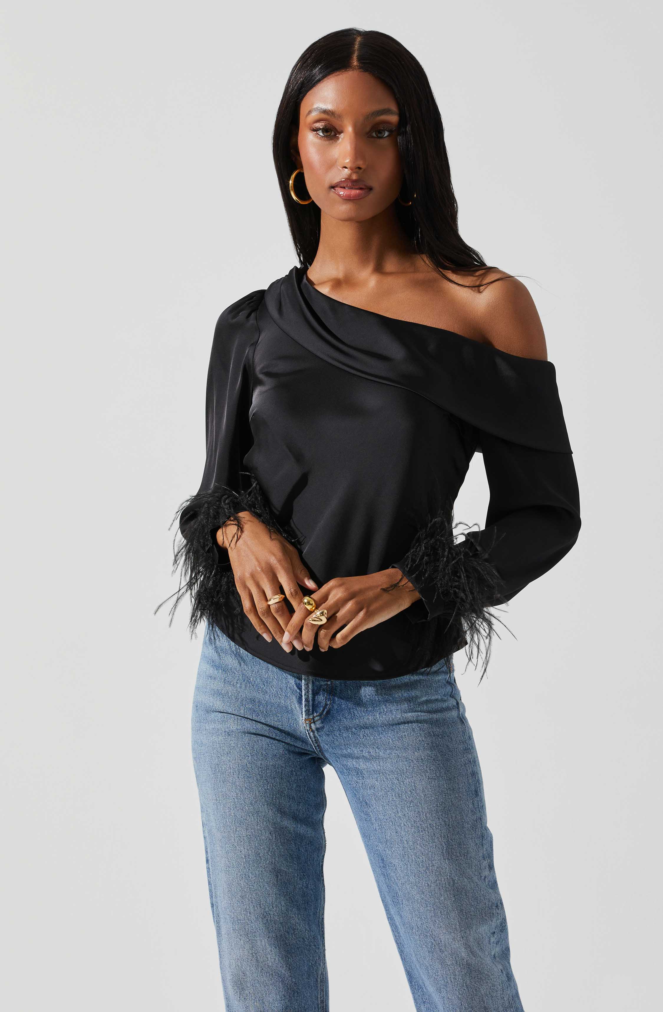 Dawn Off Shoulder Feather Trim Top-Aljck