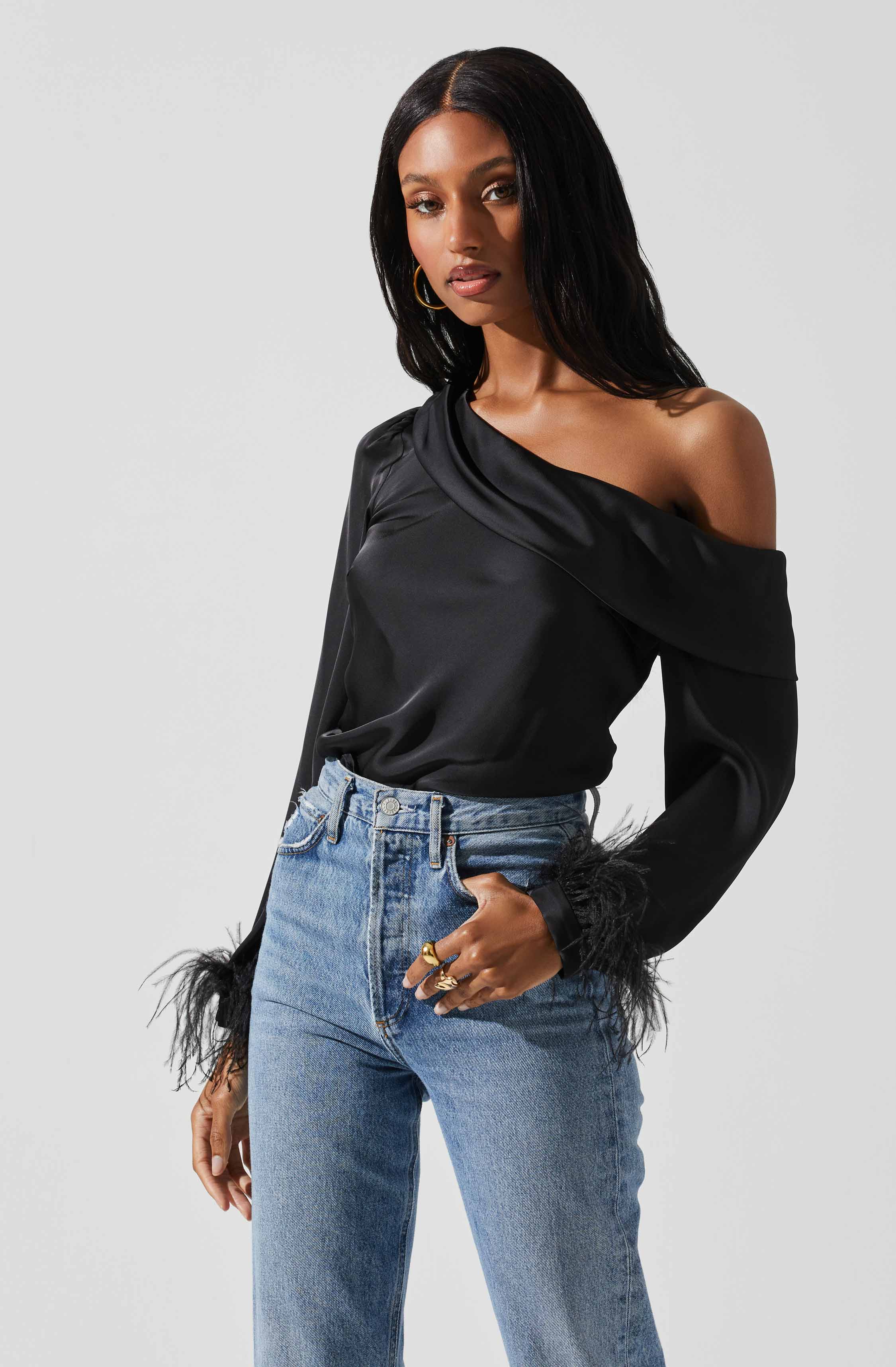 Dawn Off Shoulder Feather Trim Top-Aljck