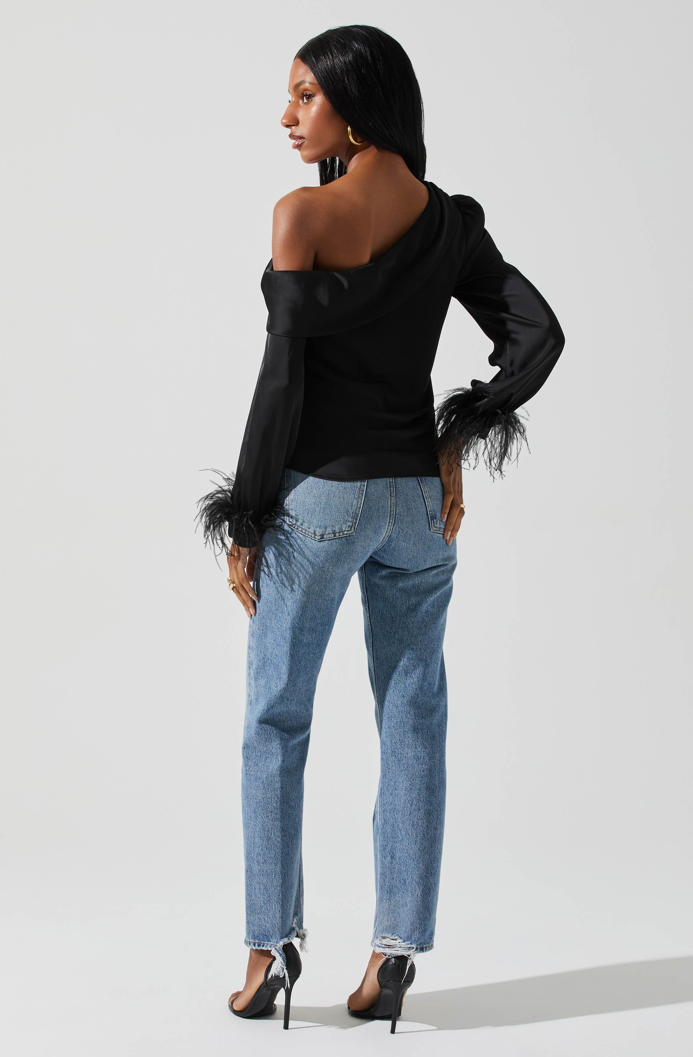 Dawn Off Shoulder Feather Trim Top-Aljck