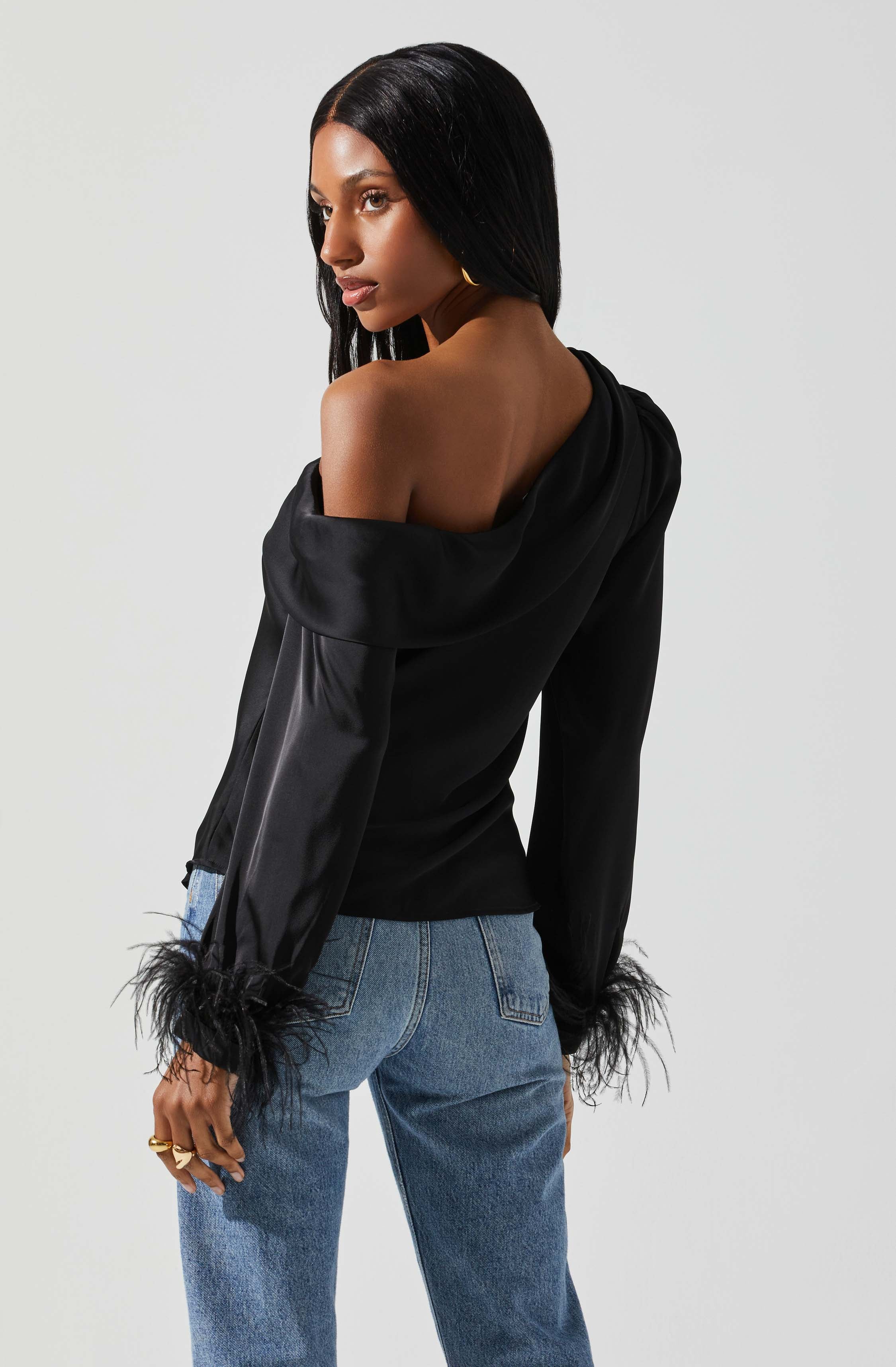 Dawn Off Shoulder Feather Trim Top-Aljck