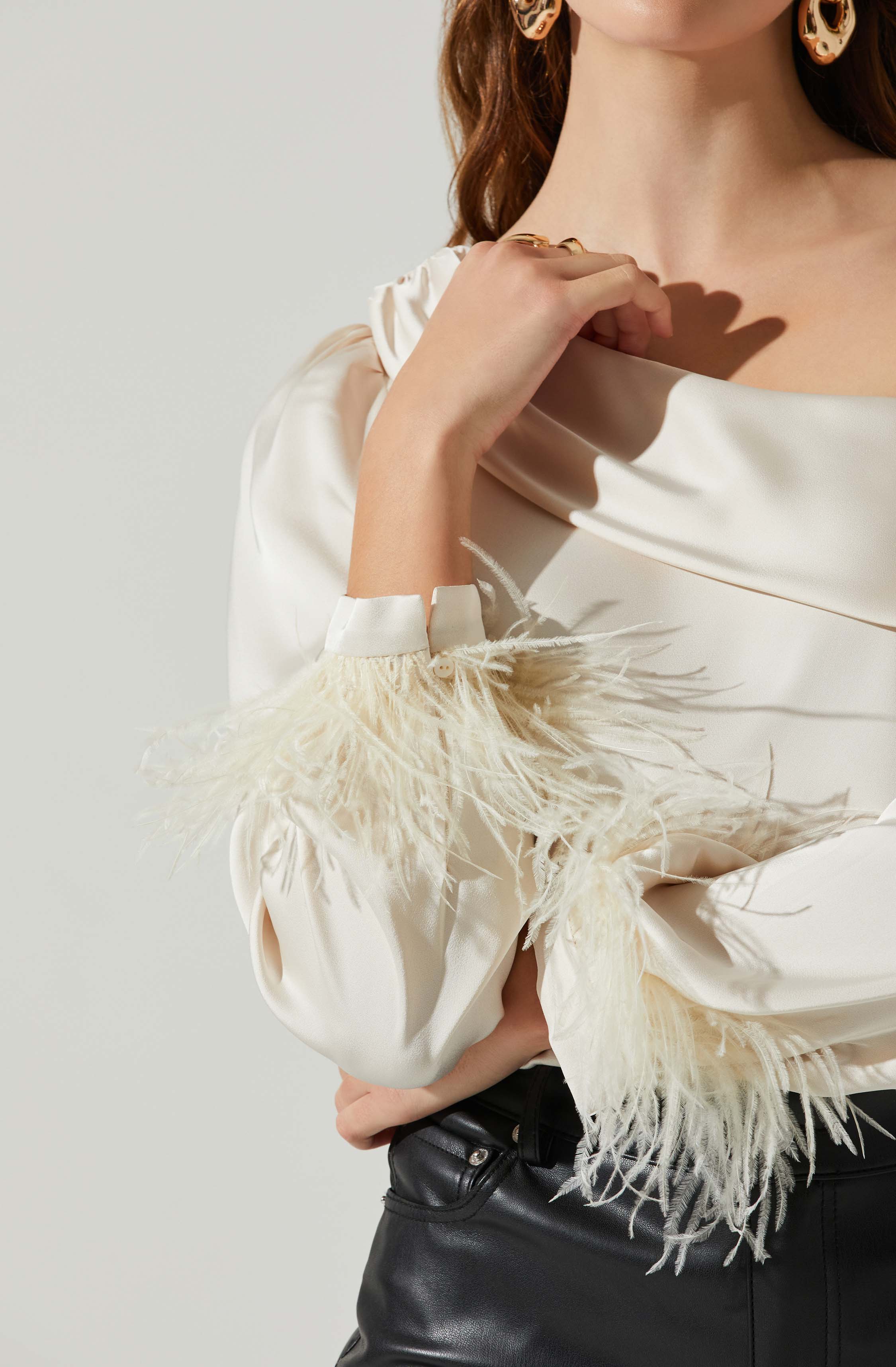 Dawn Off Shoulder Feather Trim Top-Aljck