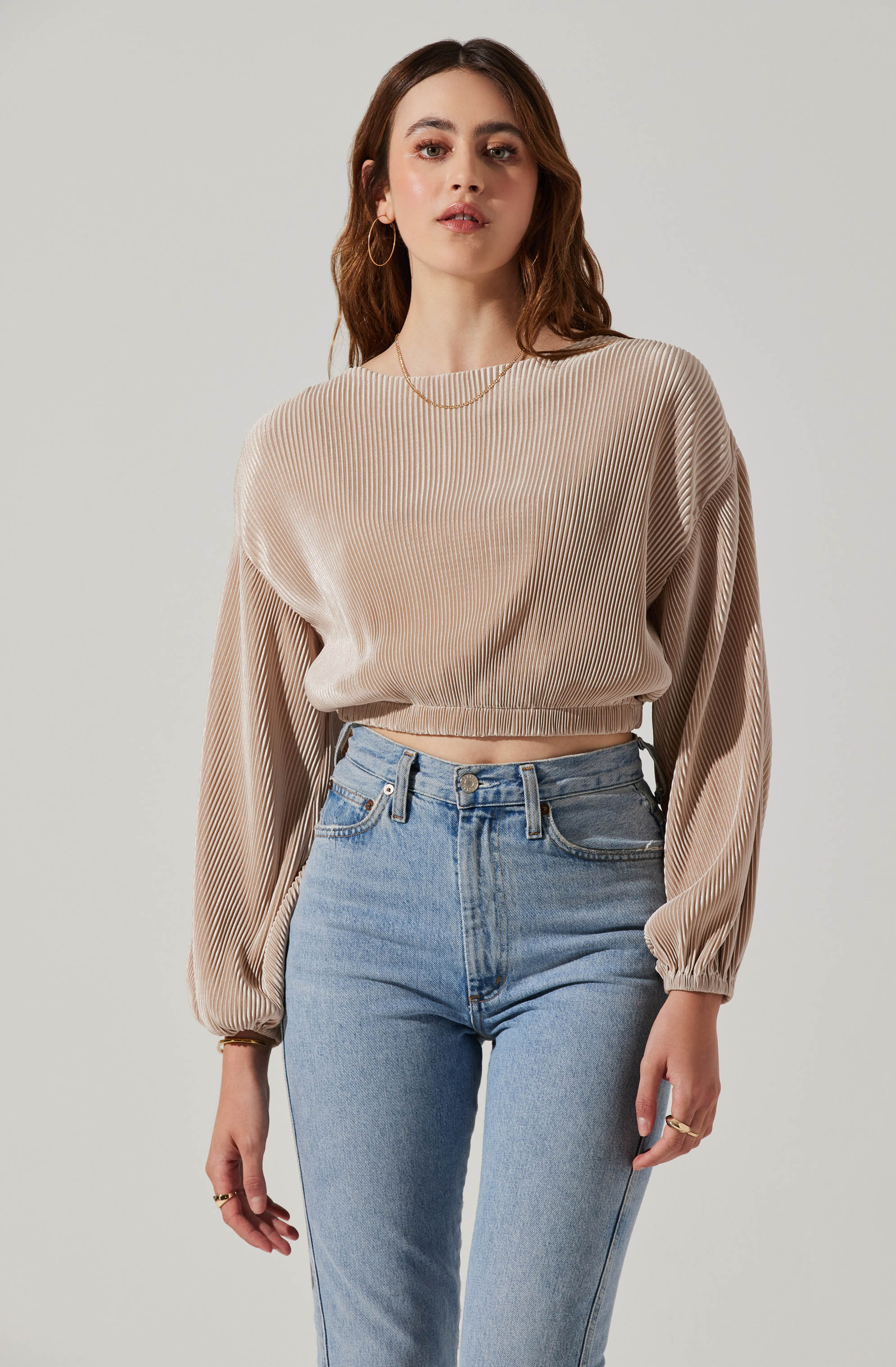 Emlyn Plisse Open Back Long Sleeve Top-Aljck